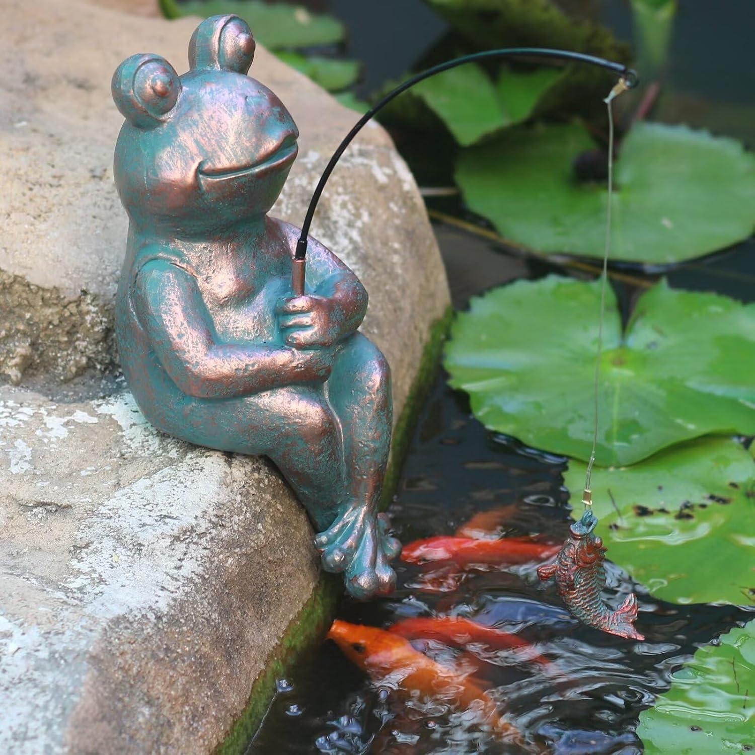 Estatua de Rana de Pesca Cobre Antiguo 24.1cm Jardín