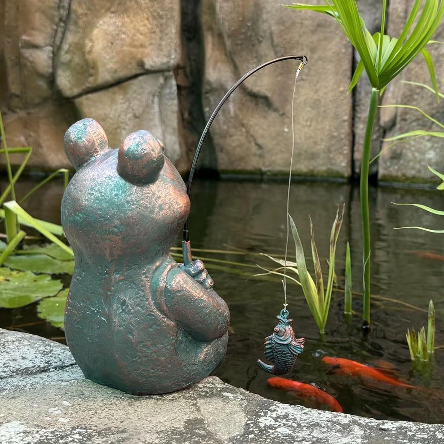 Estatua de Rana de Pesca Cobre Antiguo 24.1cm Jardín