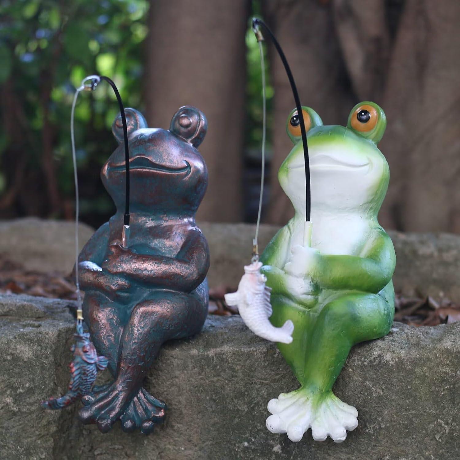 Estatua de Rana de Pesca Cobre Antiguo 24.1cm Jardín