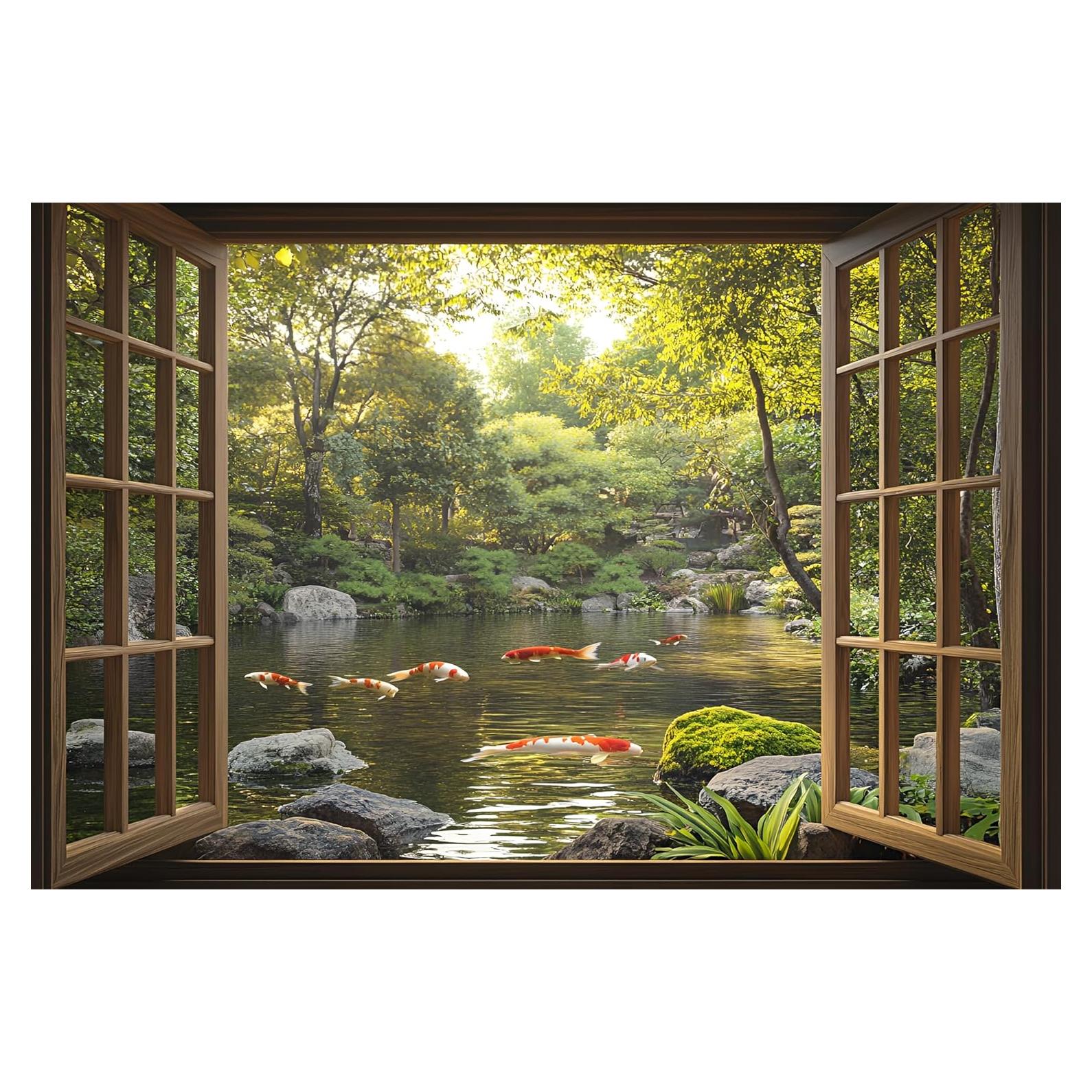 Calcomanías de Ventana Falsas 3D WOOHOOROO Estanque de Koi 81x122 cm