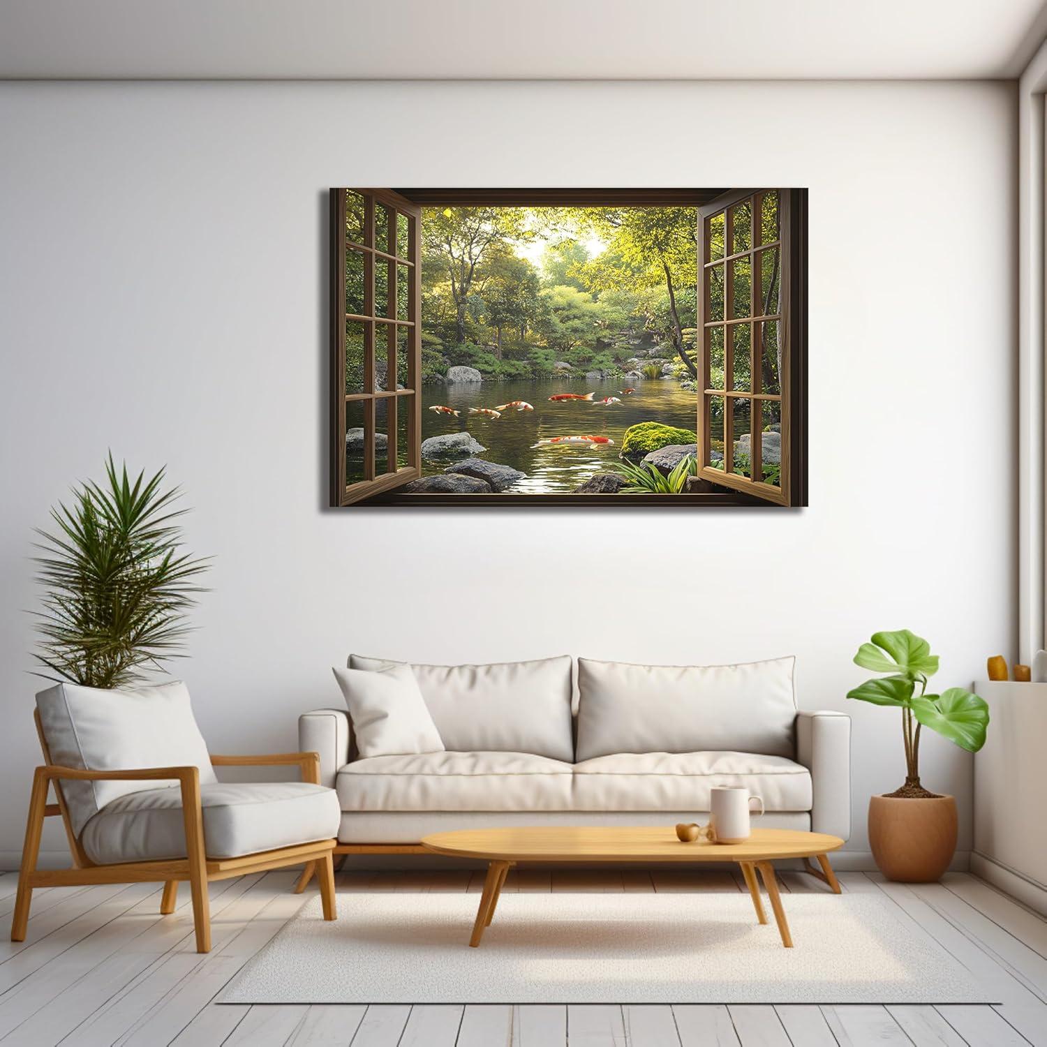 Calcomanías de Ventana Falsas 3D WOOHOOROO Estanque de Koi 81x122 cm
