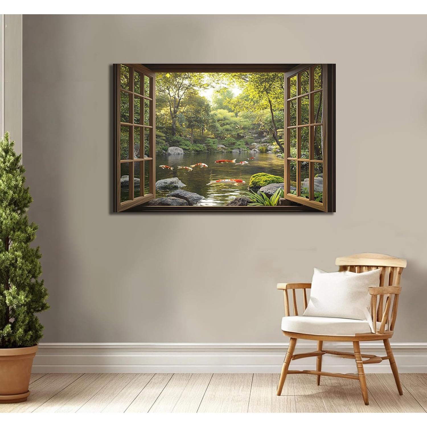 Calcomanías de Ventana Falsas 3D WOOHOOROO Estanque de Koi 81x122 cm