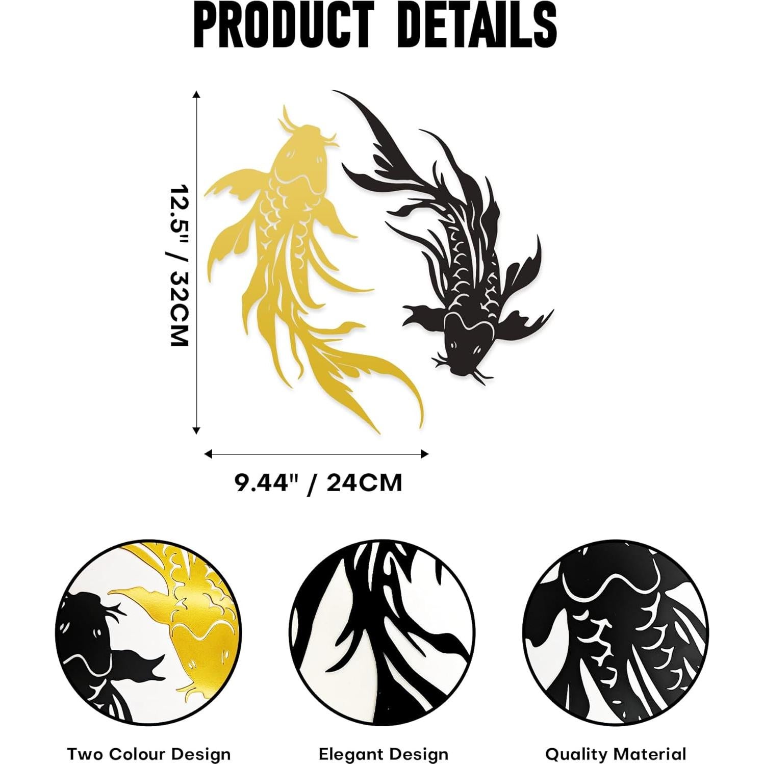 Arte de Pared Metal Pez Koi Xedatric Negro y Dorado 36x24cm