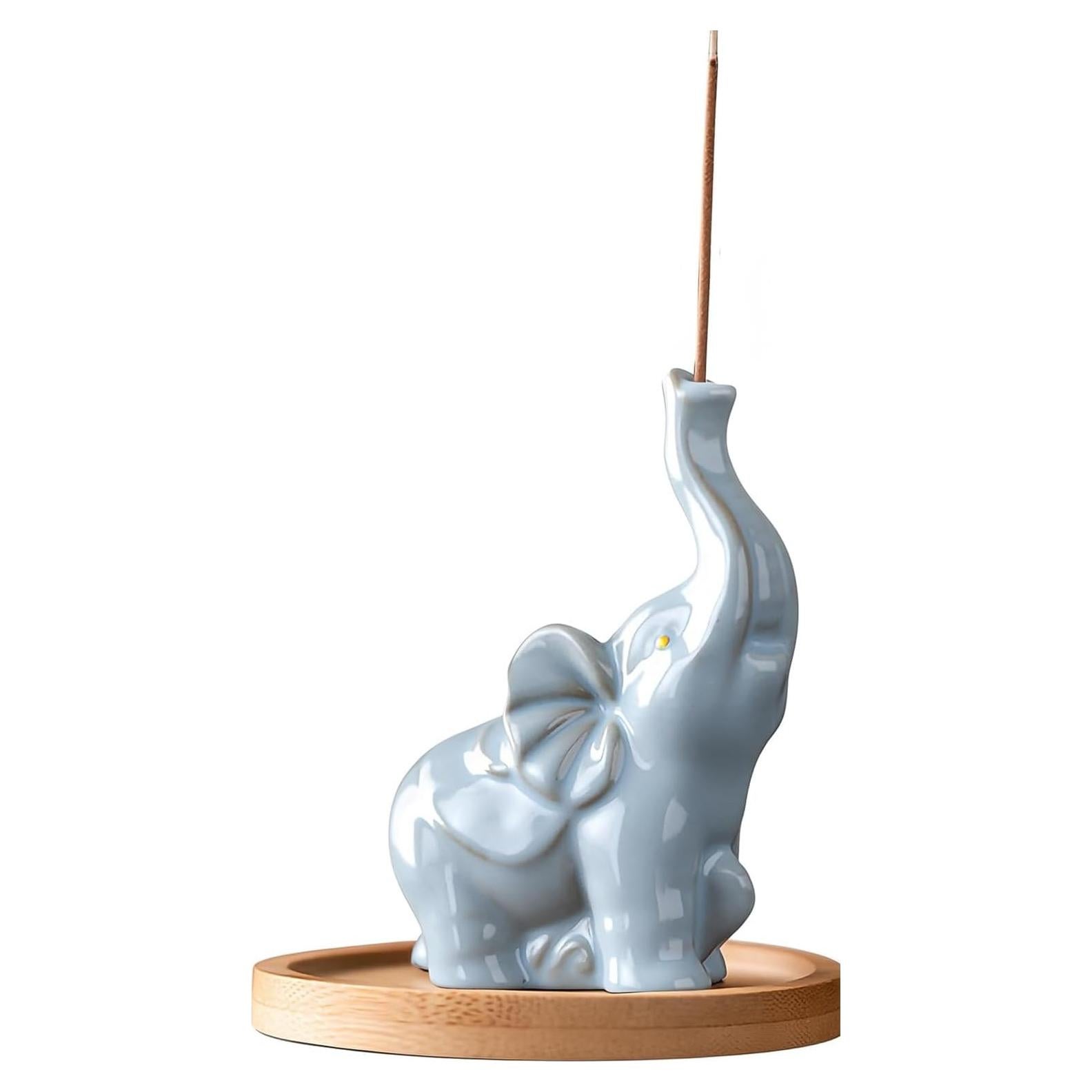 Soporte de Incienso de Cerámica Elefante Azul 8.9 cm con Bandeja
