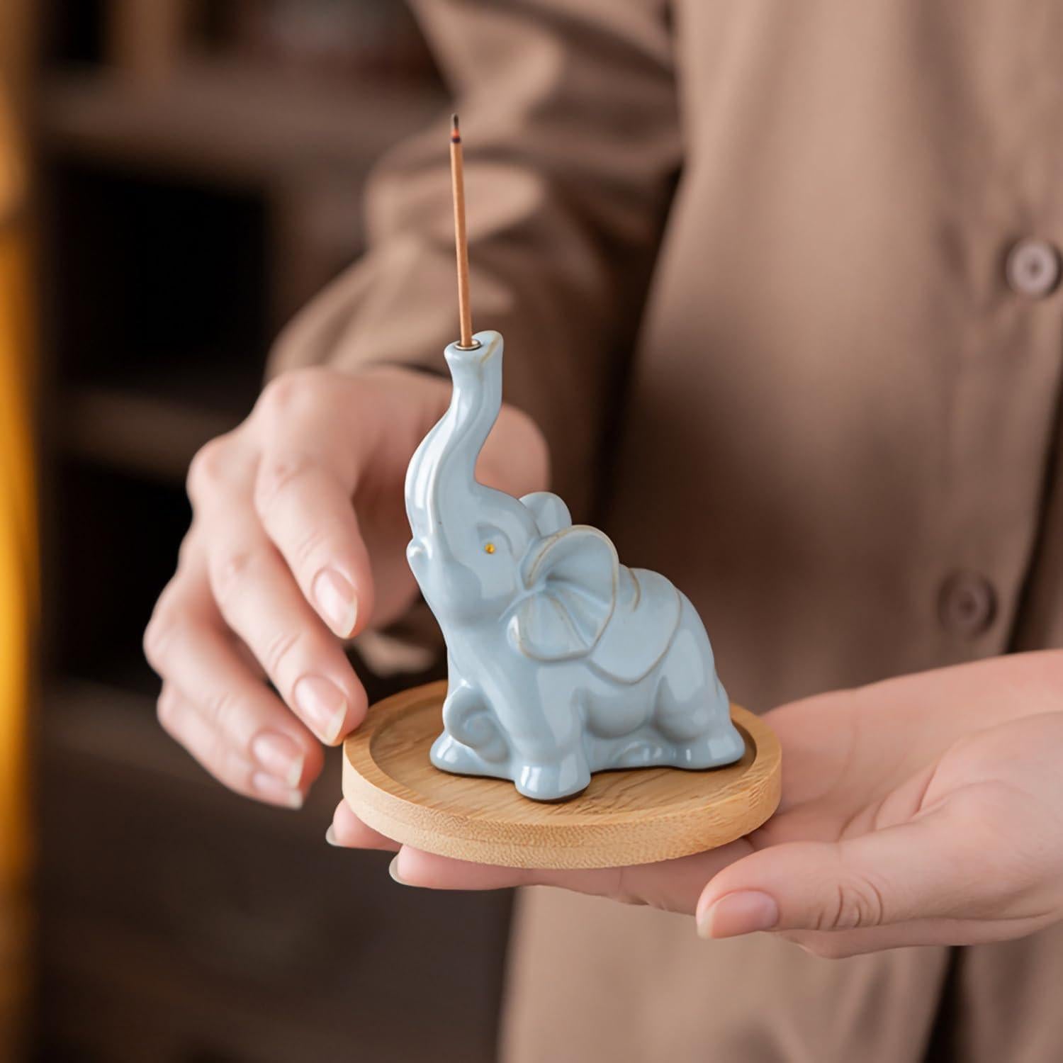 Soporte de Incienso de Cerámica Elefante Azul 8.9 cm con Bandeja