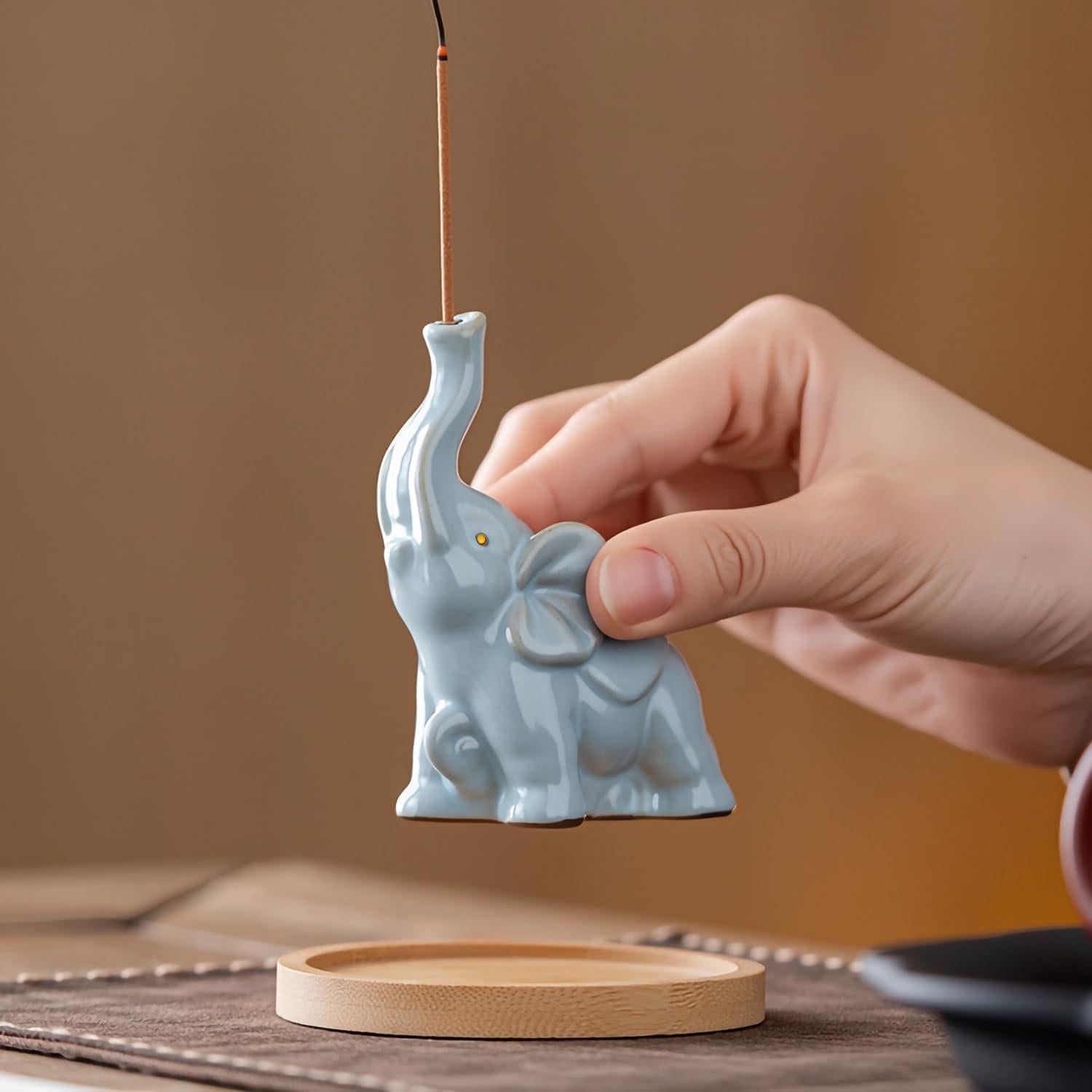 Soporte de Incienso de Cerámica Elefante Azul 8.9 cm con Bandeja