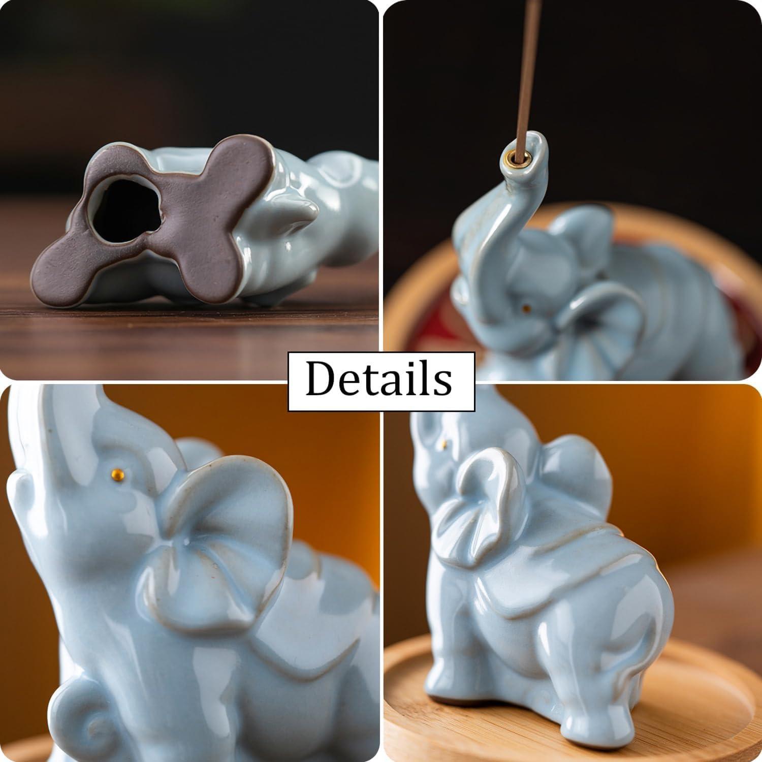 Soporte de Incienso de Cerámica Elefante Azul 8.9 cm con Bandeja