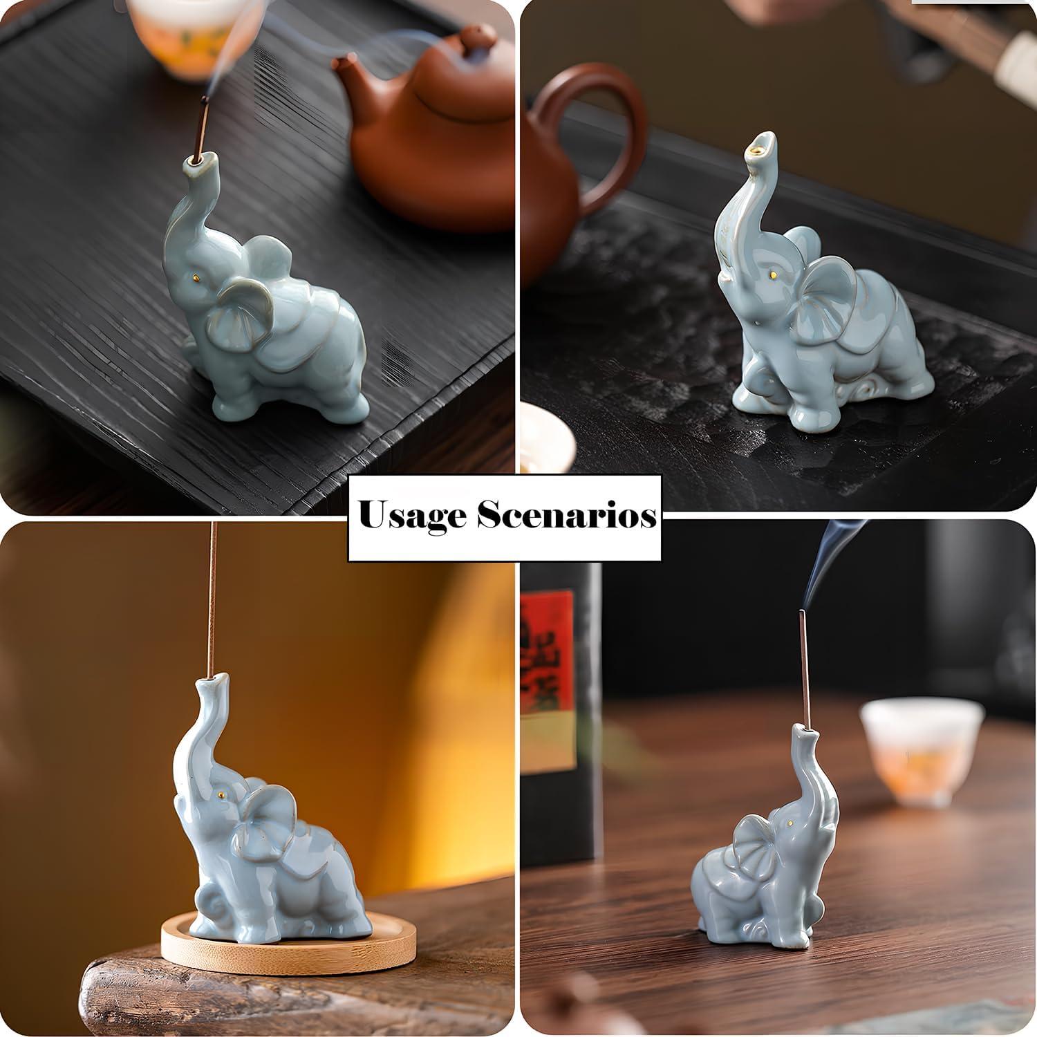 Soporte de Incienso de Cerámica Elefante Azul 8.9 cm con Bandeja