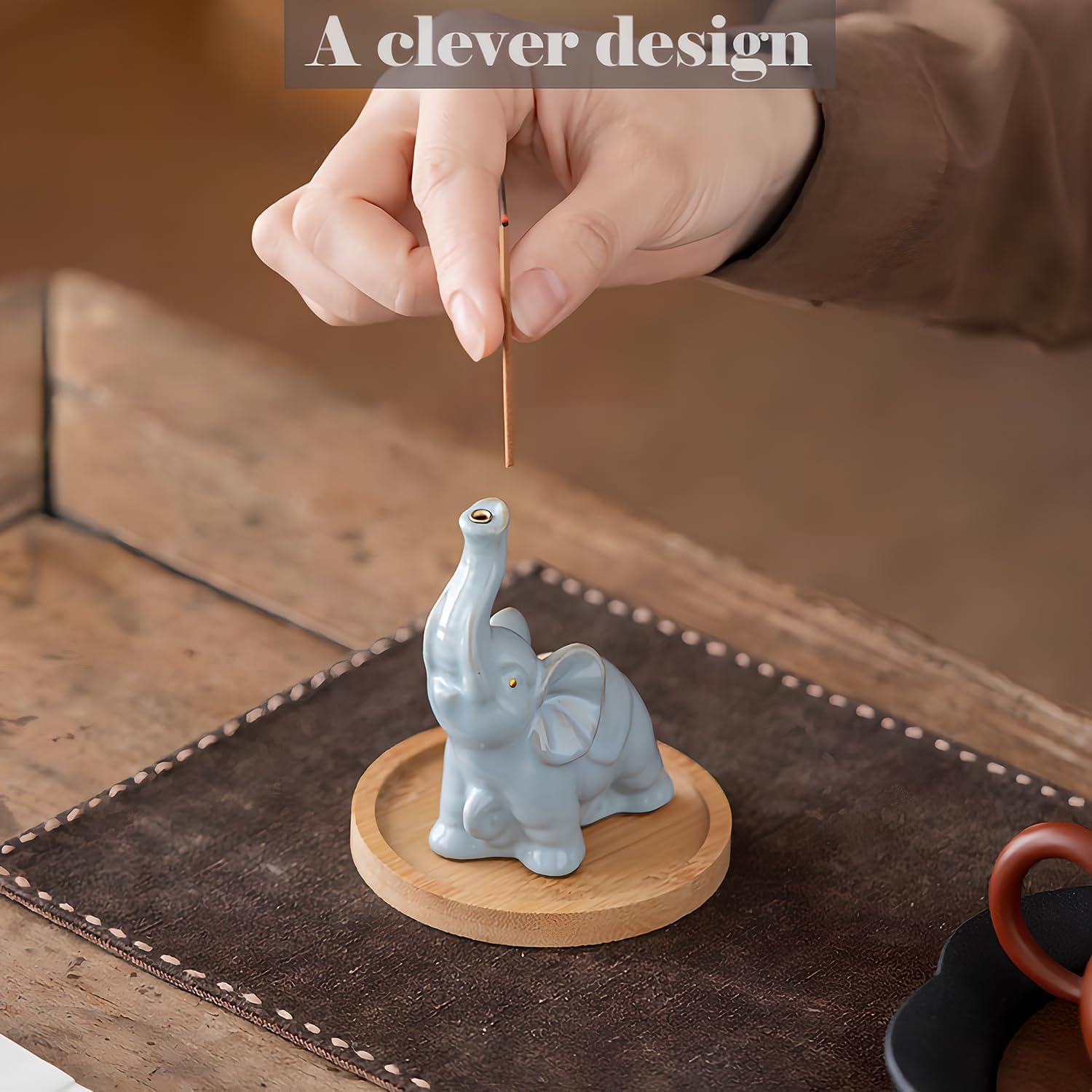 Soporte de Incienso de Cerámica Elefante Azul 8.9 cm con Bandeja