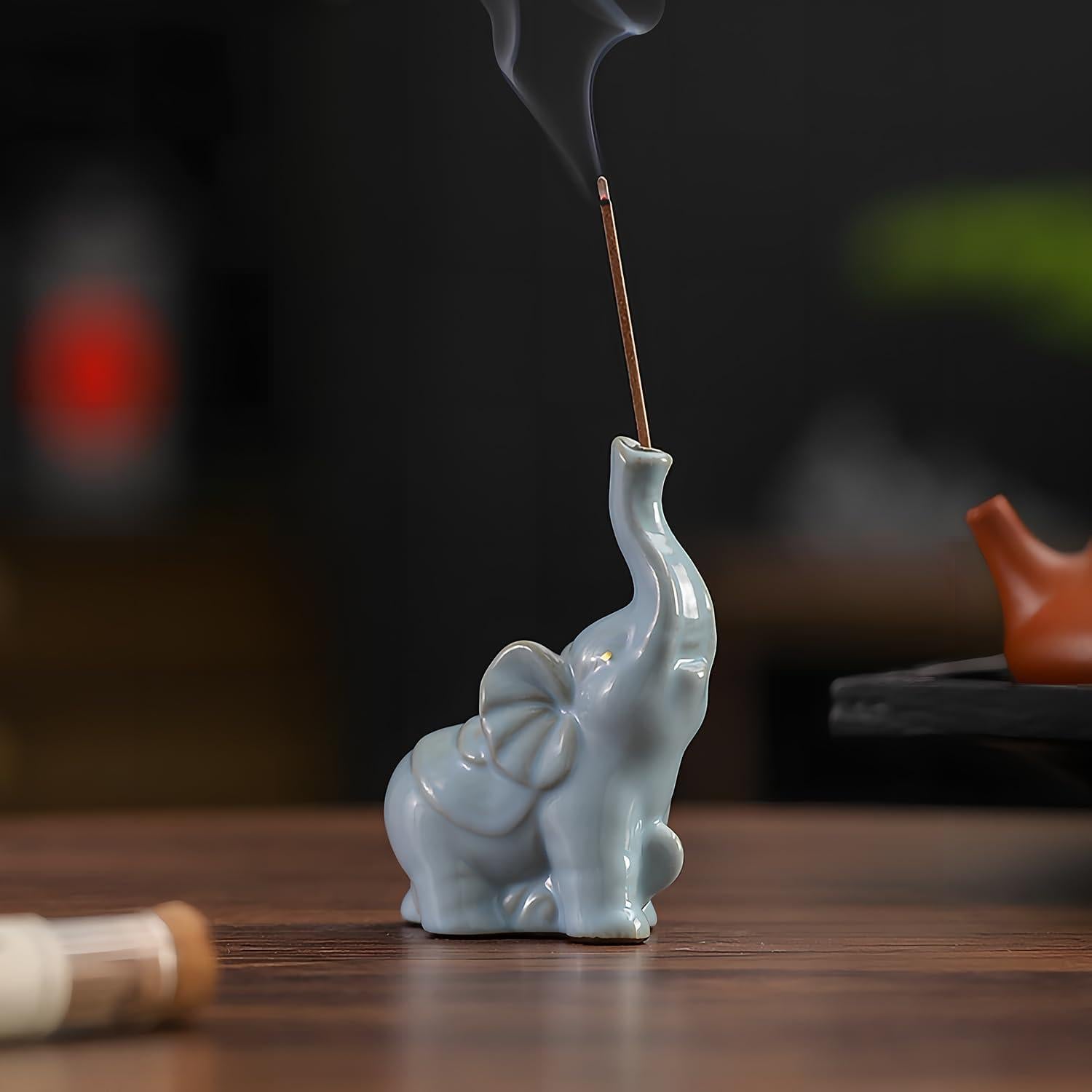 Soporte de Incienso de Cerámica Elefante Azul 8.9 cm con Bandeja