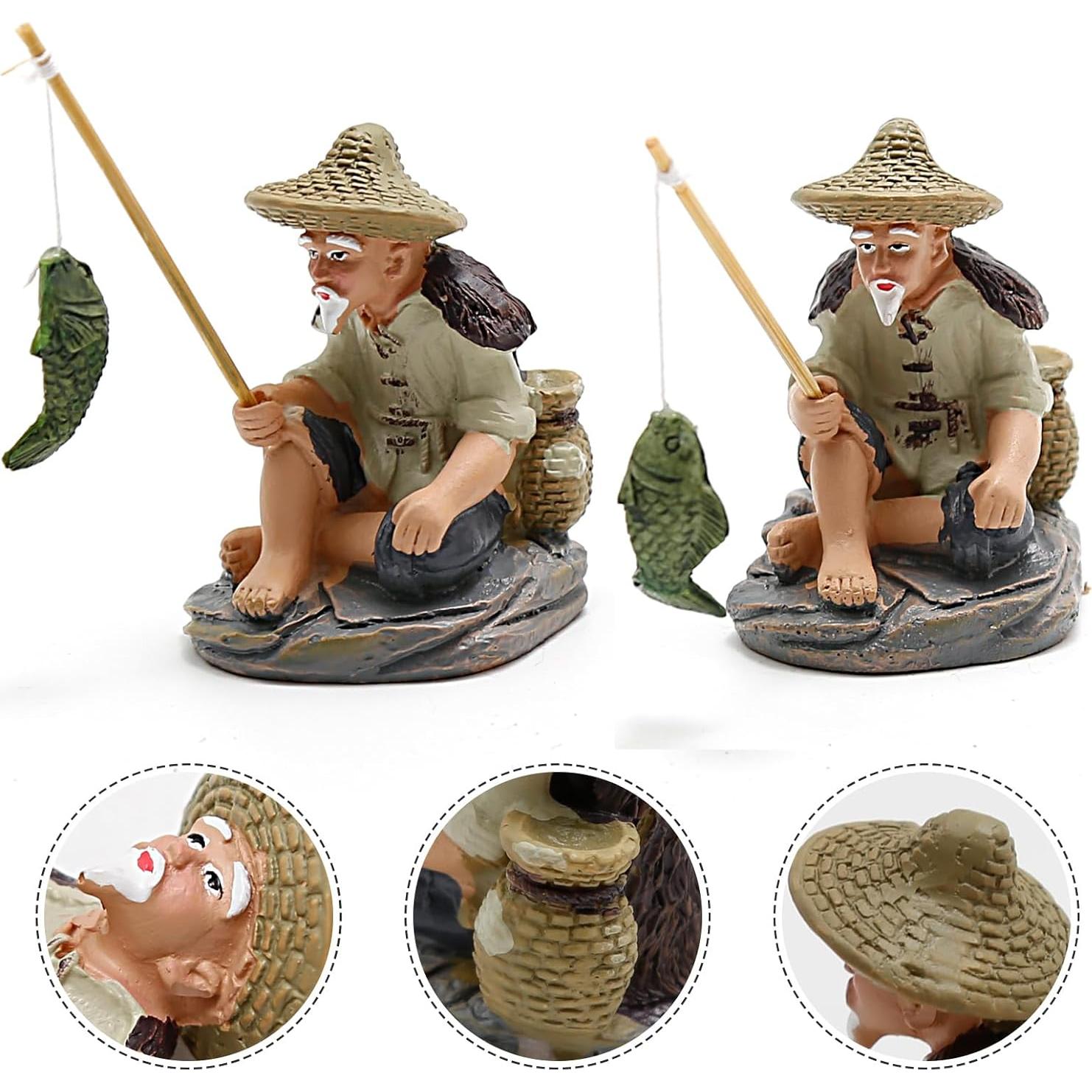 4 Piezas Miniaturas de Pescador Saihisday para Acuario