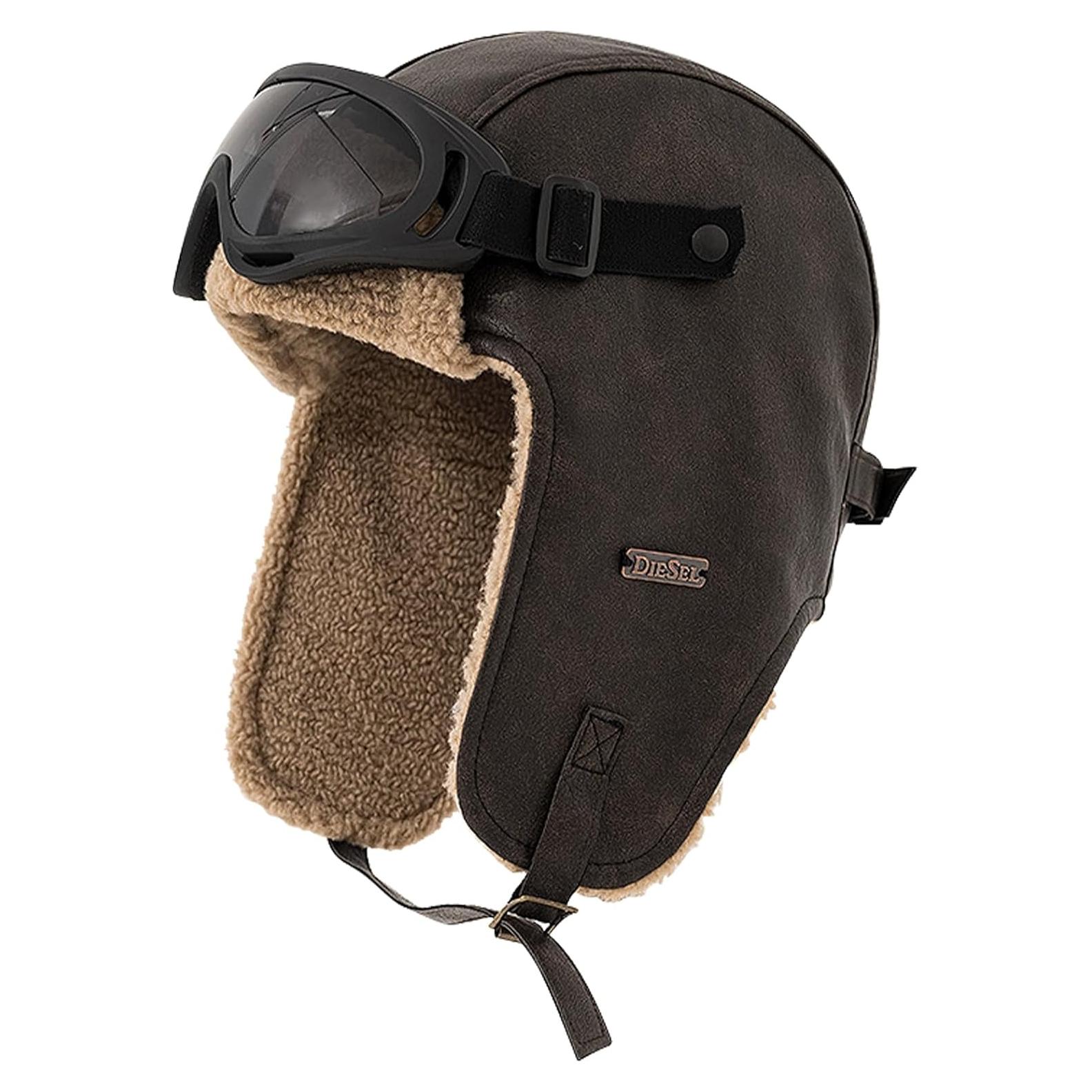 Gorro de piloto vintage Peicees con gafas desmontables marrón