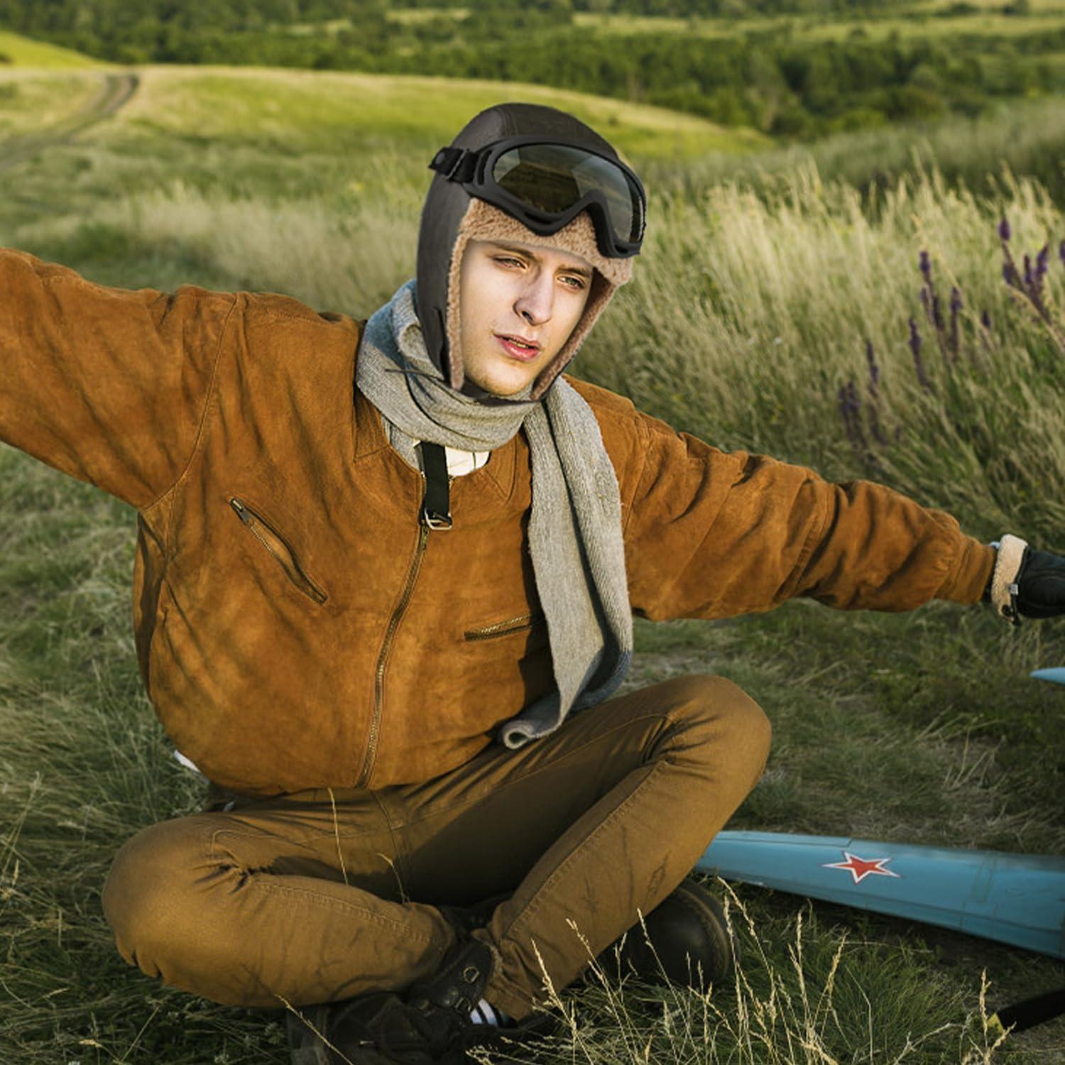 Gorro de piloto vintage Peicees con gafas desmontables marrón