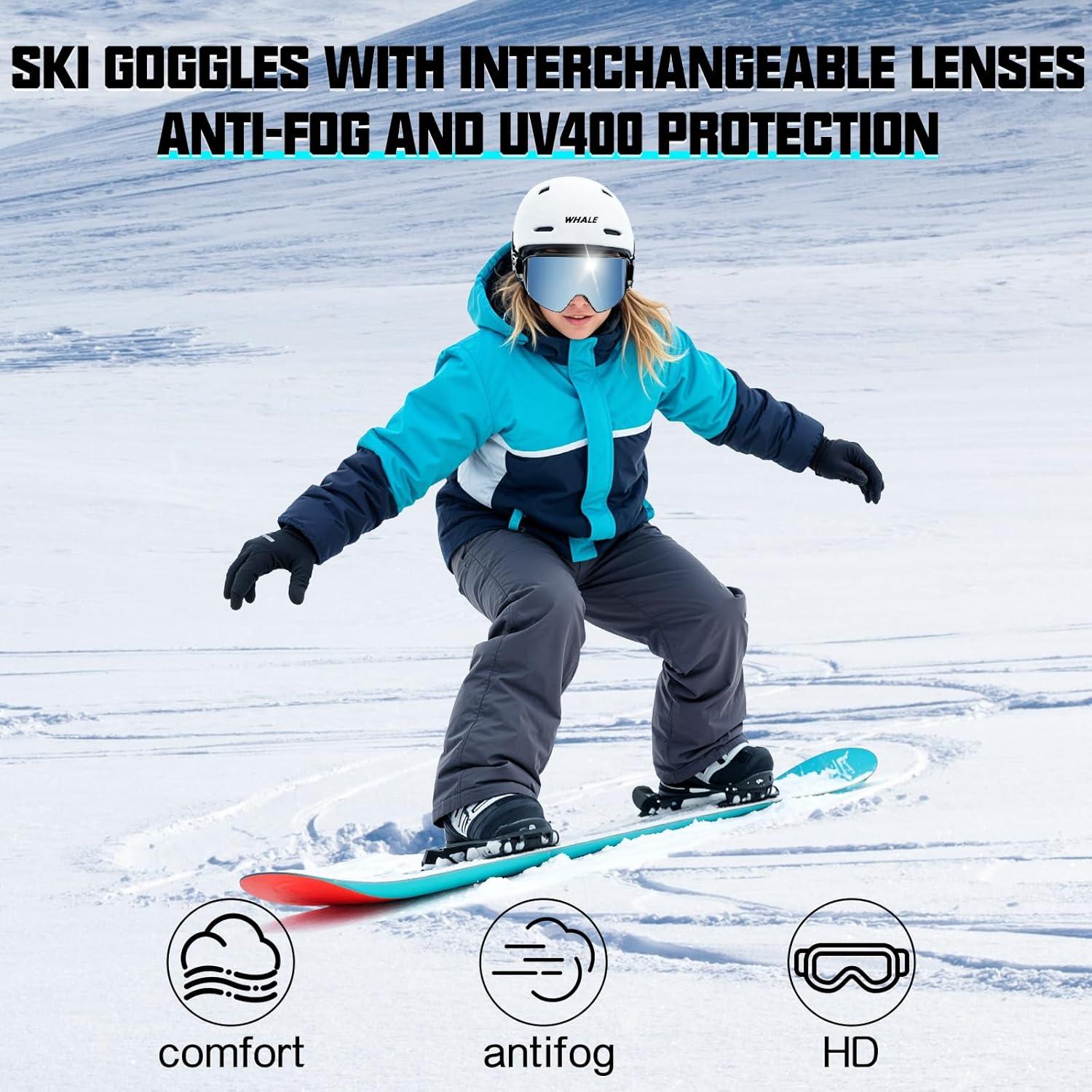 Gafas de Esquí Whale Unisex UV400 Lentes Reemplazables Plata