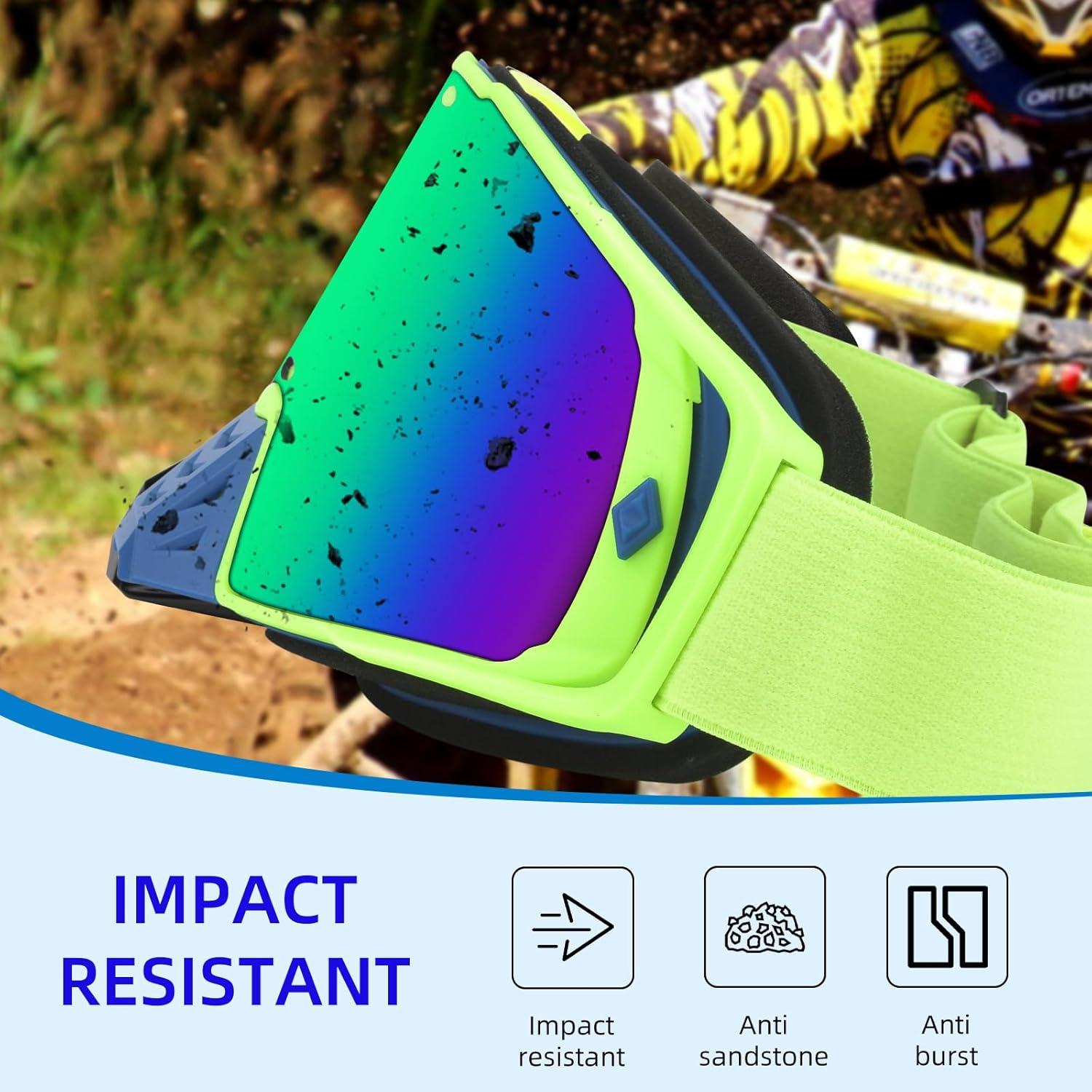 Gafas de Motocross UV Protección - Marco Verde Lente Azul