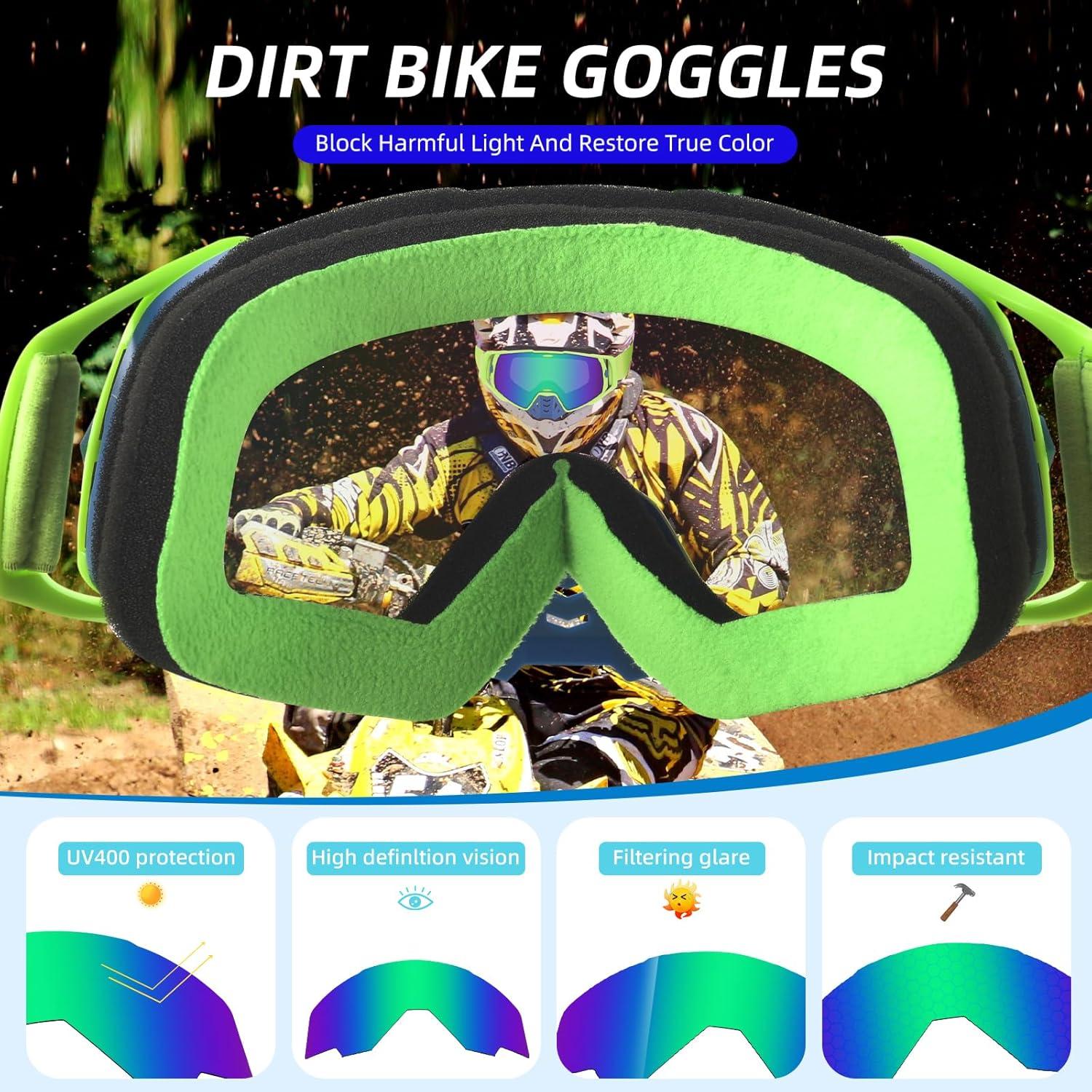 Gafas de Motocross UV Protección - Marco Verde Lente Azul