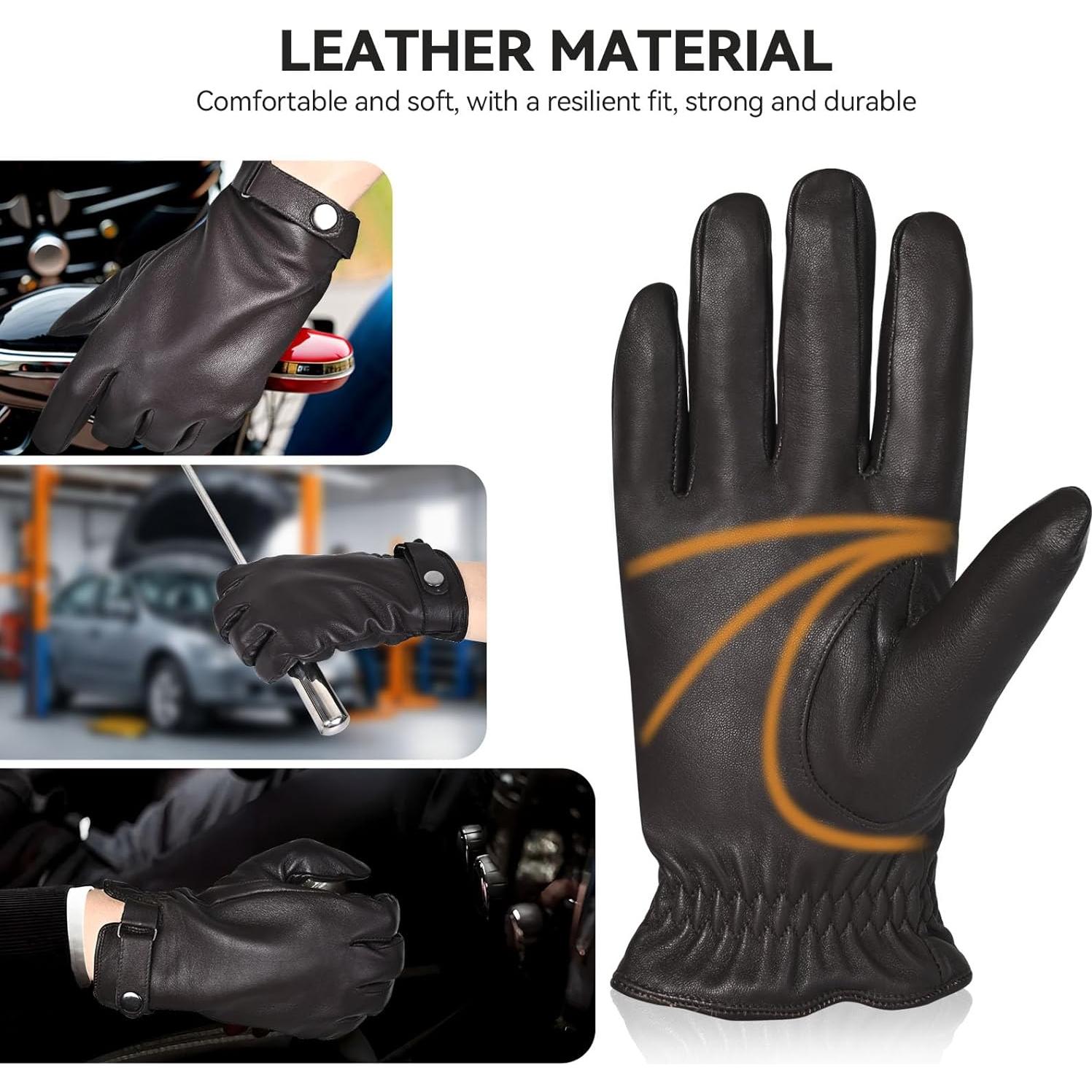 Guantes de cuero de oveja POONWEI para hombres - Forro polar cálido