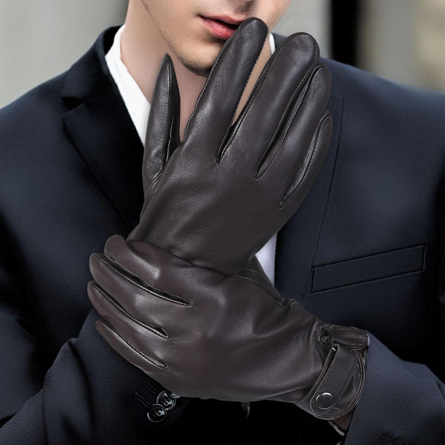 Guantes de cuero de oveja POONWEI para hombres - Forro polar cálido