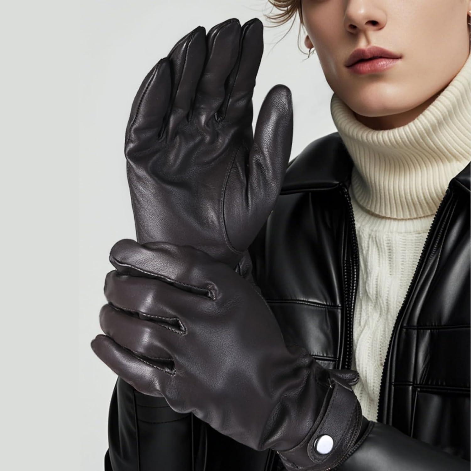Guantes de cuero de oveja POONWEI para hombres - Forro polar cálido
