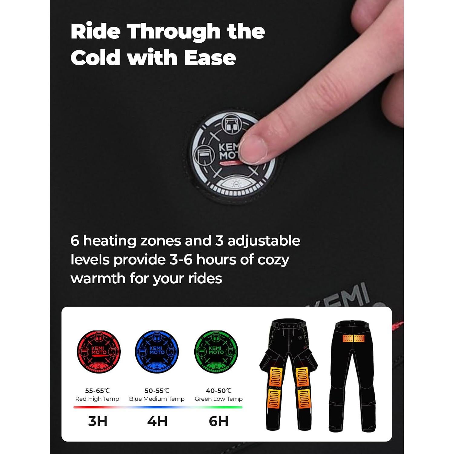 KEMIMOTO Men's Motorcycle Heated Pants, 3-6H Heating Time & ESA Armor - Water-Resistant Riding Pants for Winter, Black