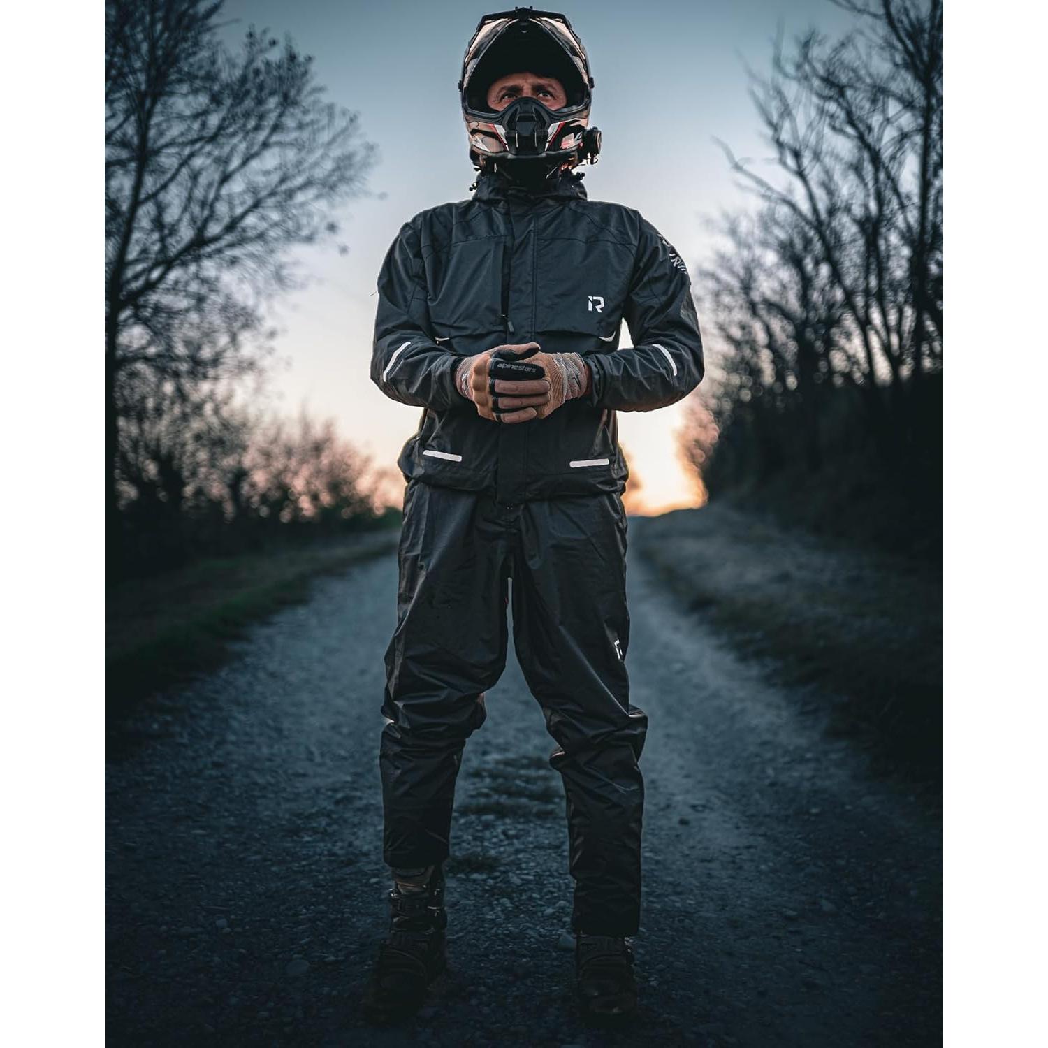 Traje de Lluvia Impermeable RIDEIRON para Motocicleta - Grande Negro