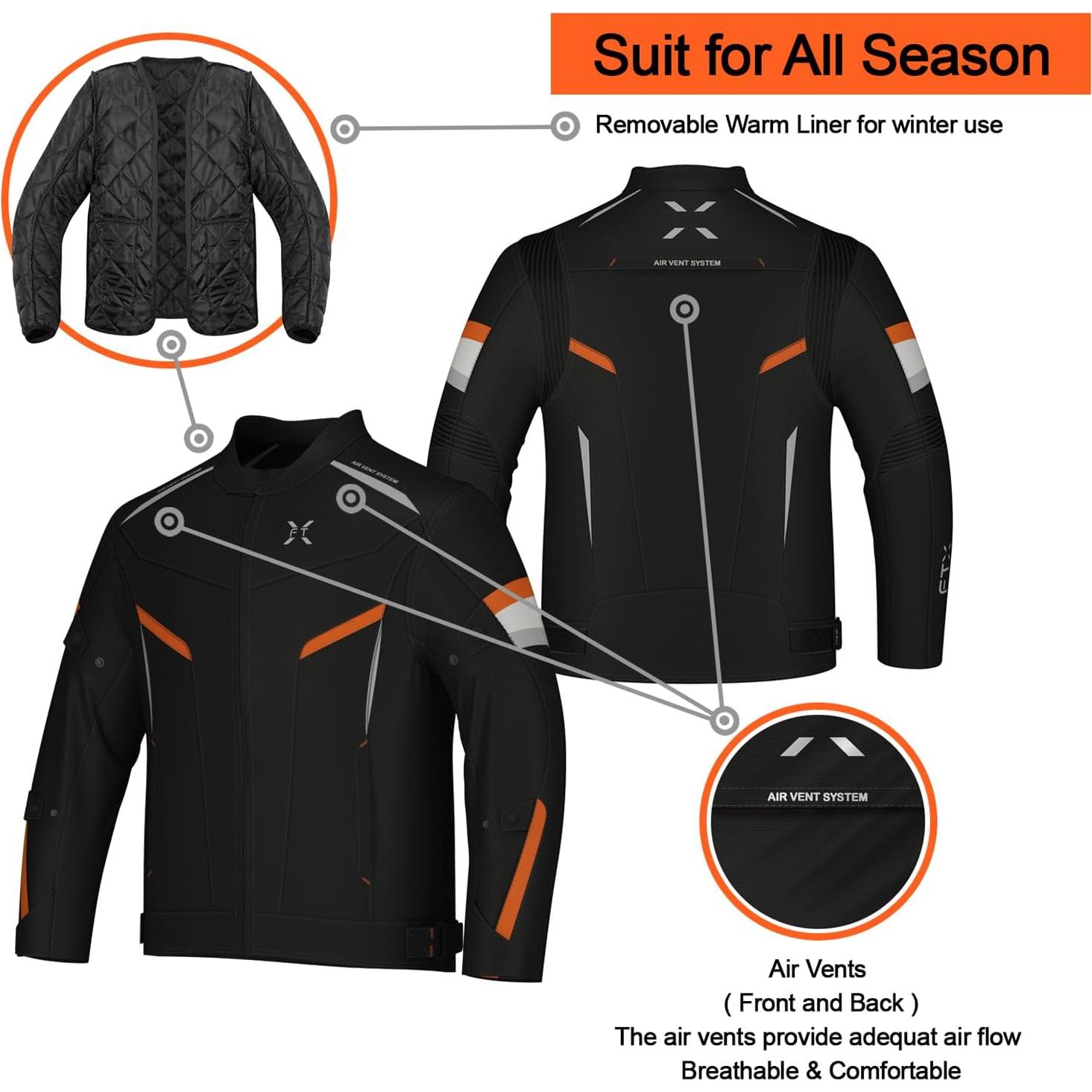 Chaqueta de Motocicleta FTX para Hombres, Acolchada y Ajustable