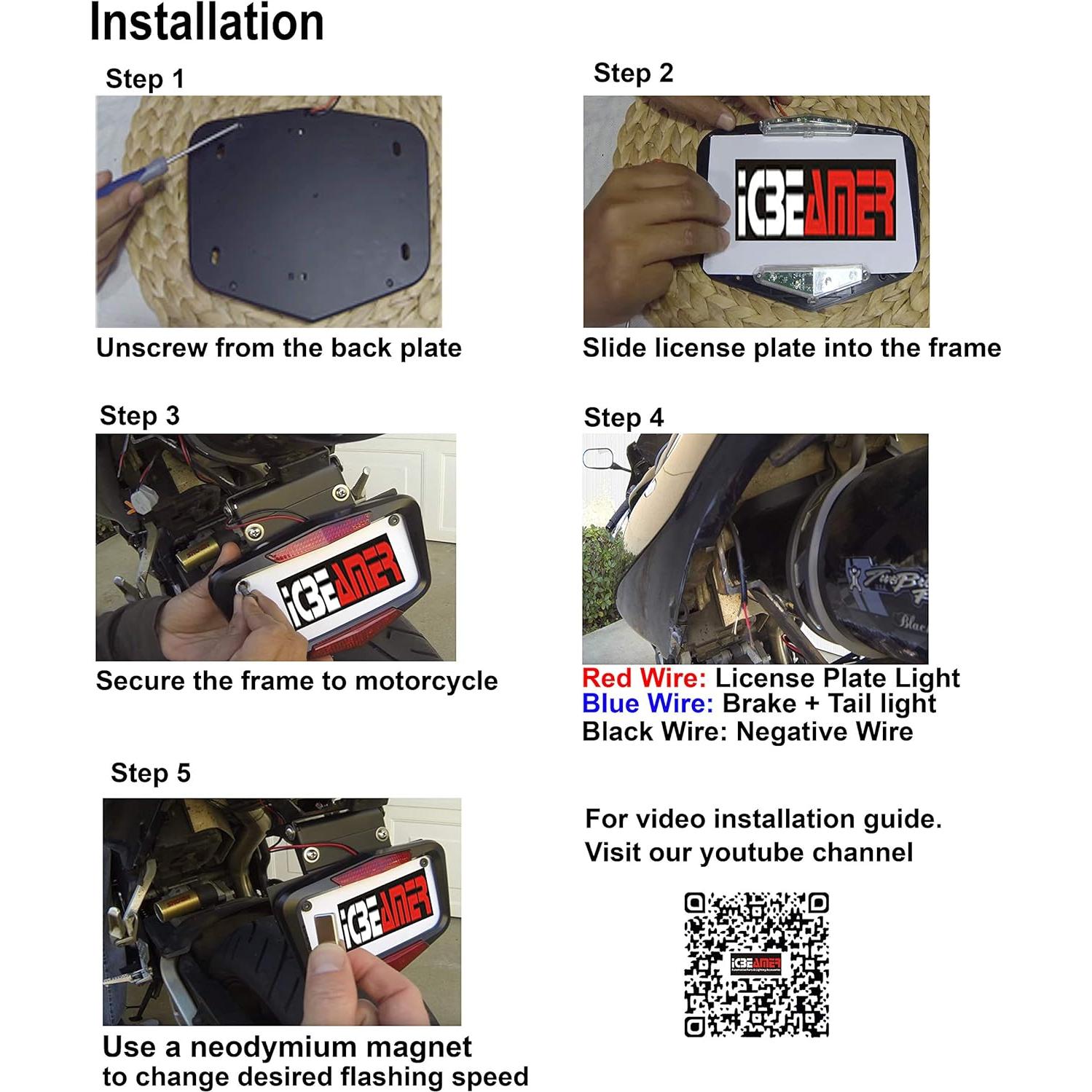 Marco de Placa de Licencia ICBEAMER Negro Mate con LED para Motocicleta