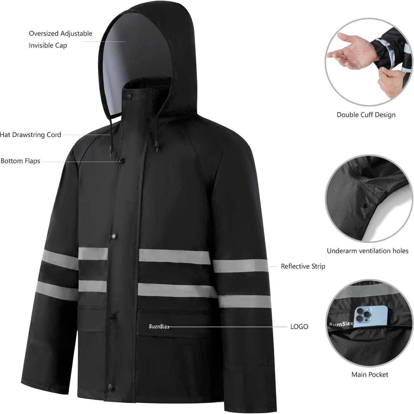 Traje de Lluvia Impermeable SuznSiax para Hombres Mediano Negro