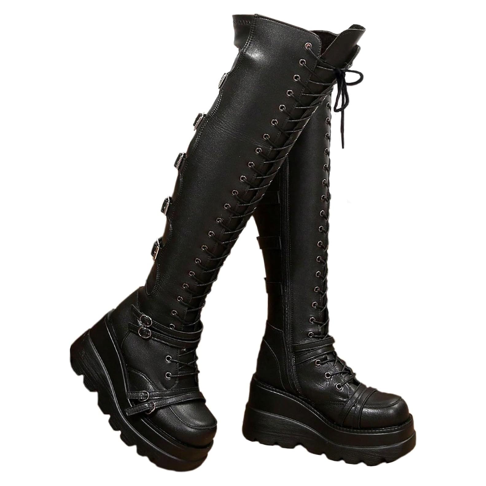 Botas de Muslo Alto GUNIYIFS para Mujeres - Goth Punk con Hebillas