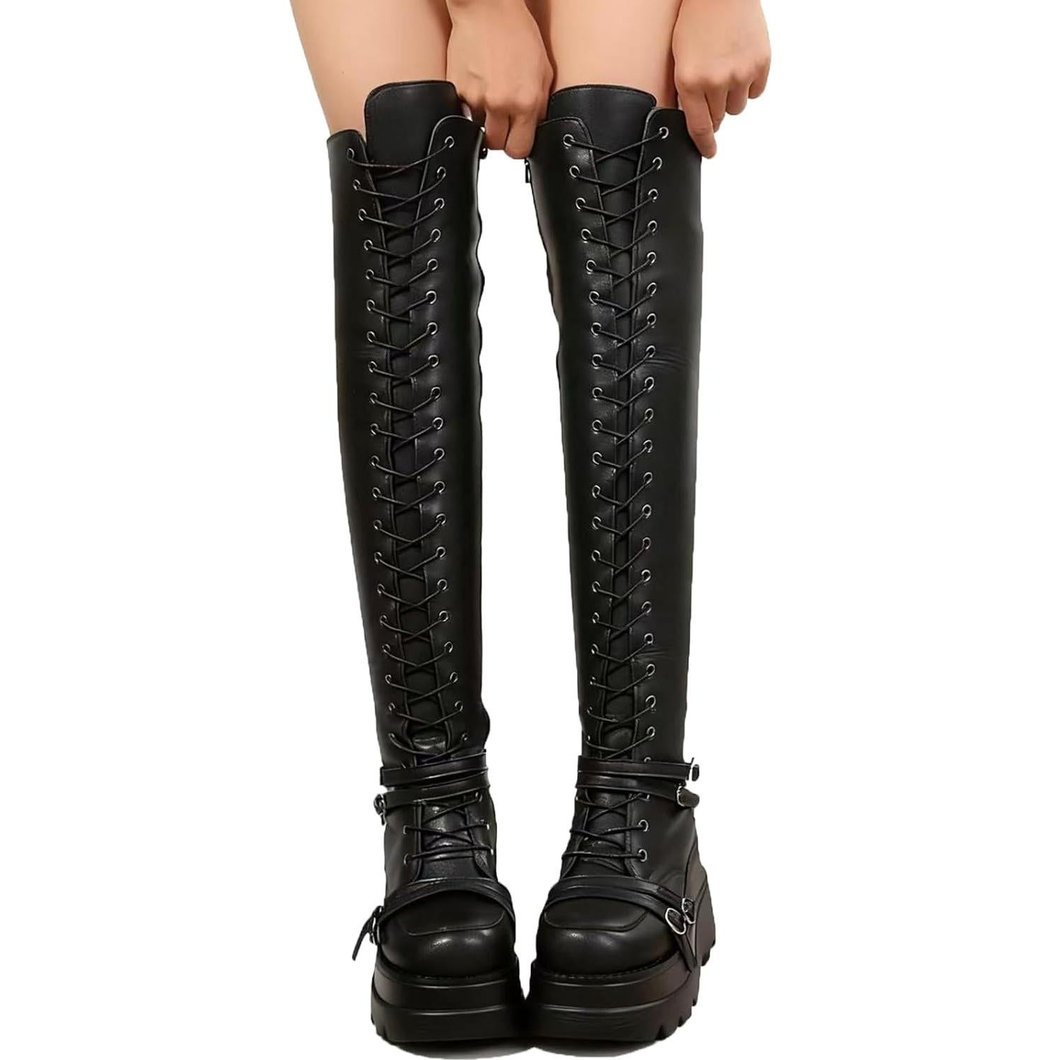 Botas de Muslo Alto GUNIYIFS para Mujeres - Goth Punk con Hebillas