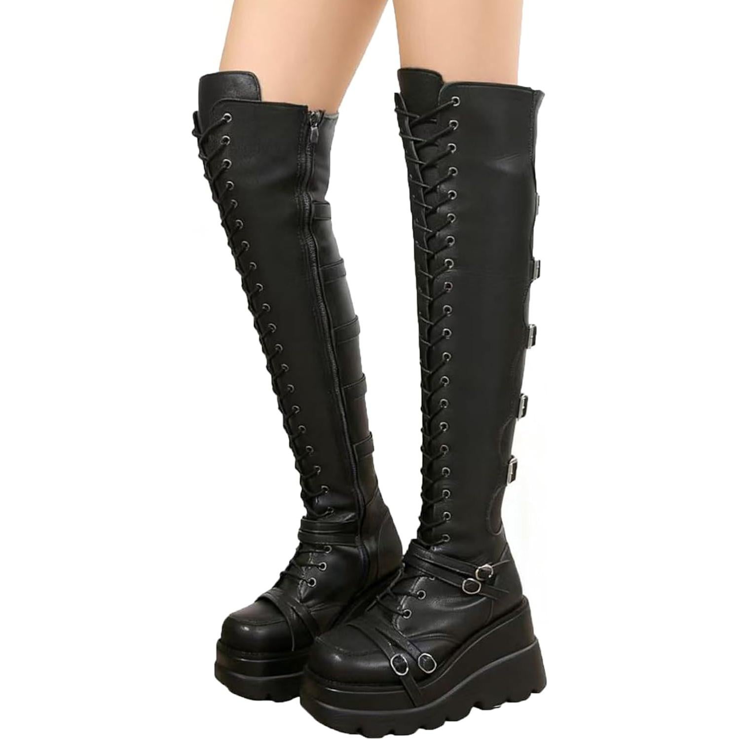 Botas de Muslo Alto GUNIYIFS para Mujeres - Goth Punk con Hebillas
