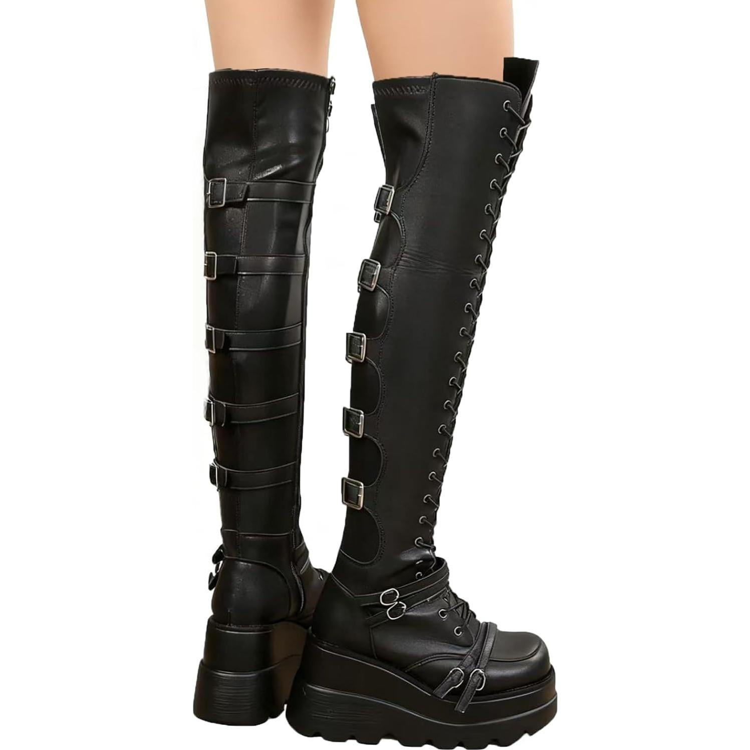 Botas de Muslo Alto GUNIYIFS para Mujeres - Goth Punk con Hebillas