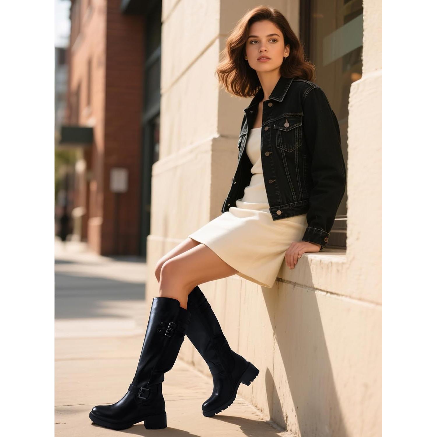 Botas Altas SHIBEVER para Mujeres - Motocicleta, Punta Redonda, Tacón Bajo