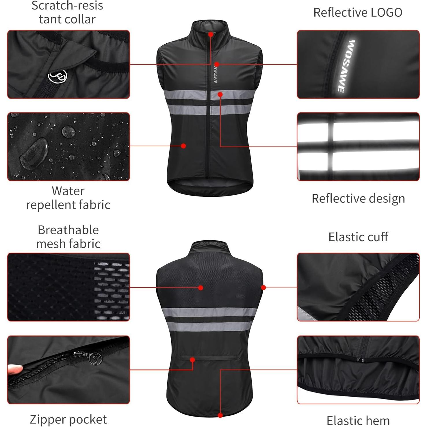 WOSAWE Men's High Visibility Cycling Wind Jacket Water Resistance Reflective Windbreaker