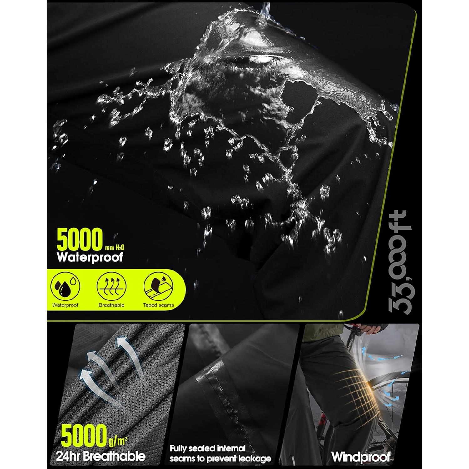 Pantalones de Lluvia Impermeables para Hombre 36W x 30L Negros