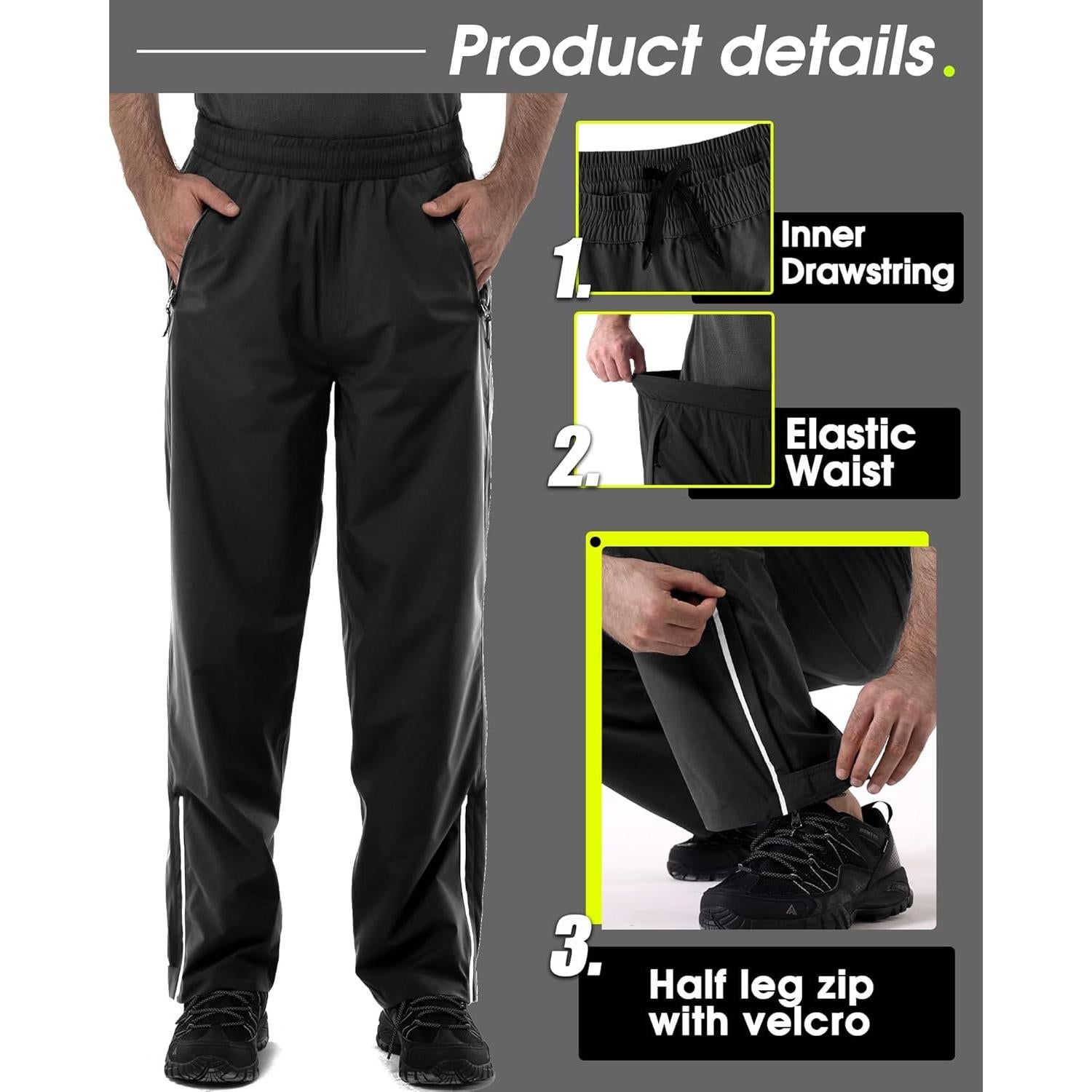 Pantalones de Lluvia Impermeables para Hombre 36W x 30L Negros