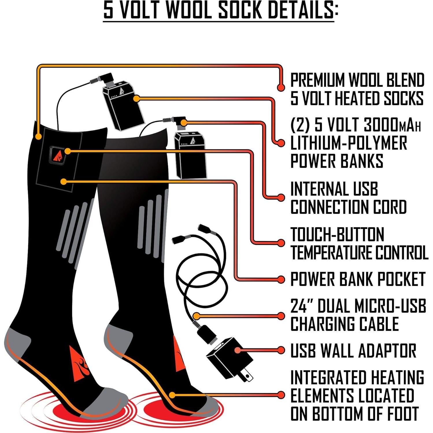 Calcetines Calentados por Batería ActionHeat 5V de Lana