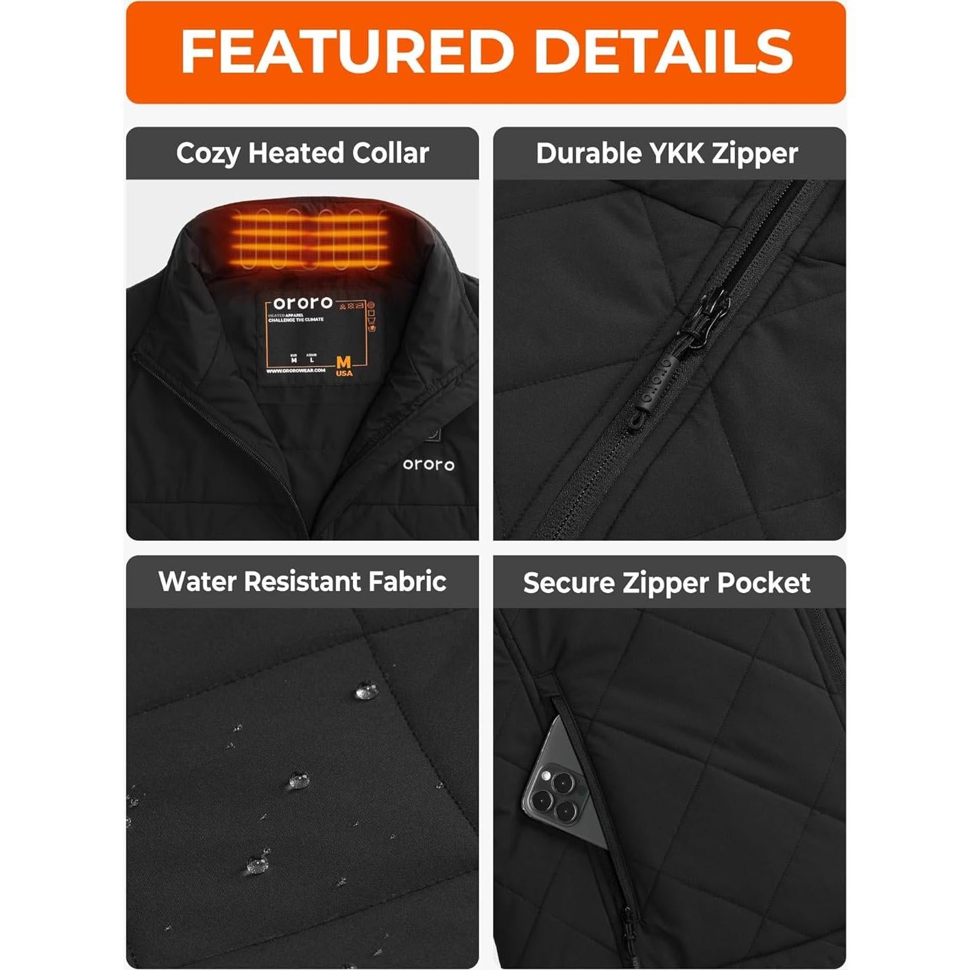 Chaleco Acolchado Calentado ORORO para Hombre Mediano Negro