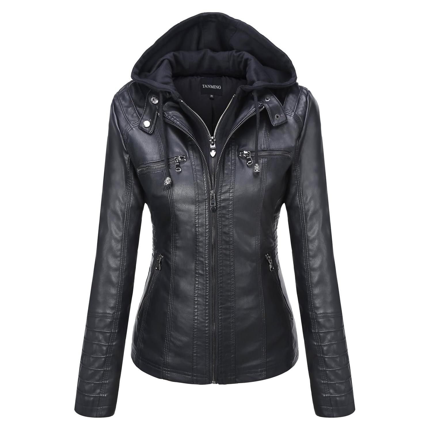Chaqueta de Cuero Sintético para Mujer Tanming con Capucha - X-Large