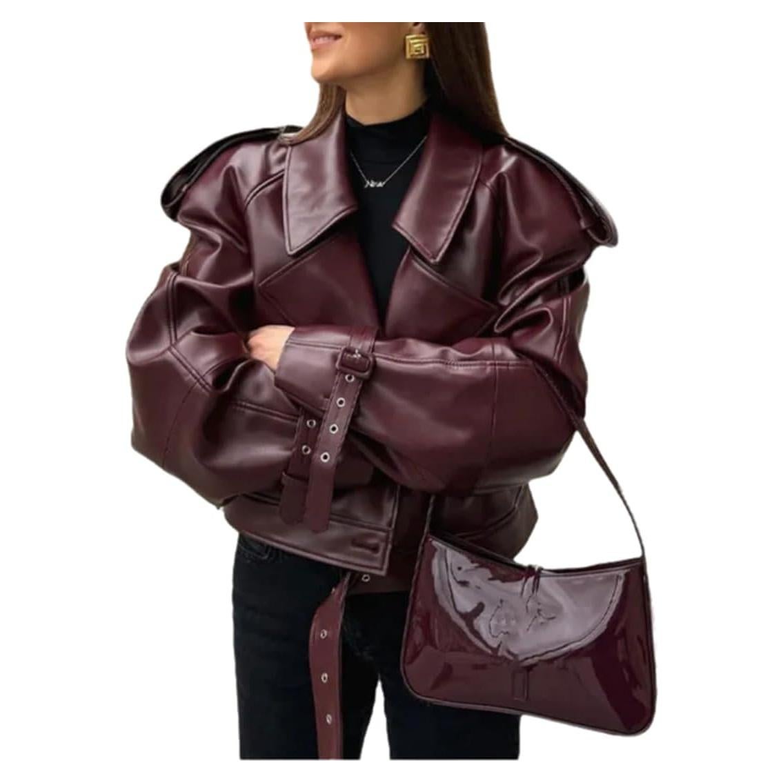 Chaqueta de Cuero Sintético THLAI para Mujeres - Manga Larga Grande Vino