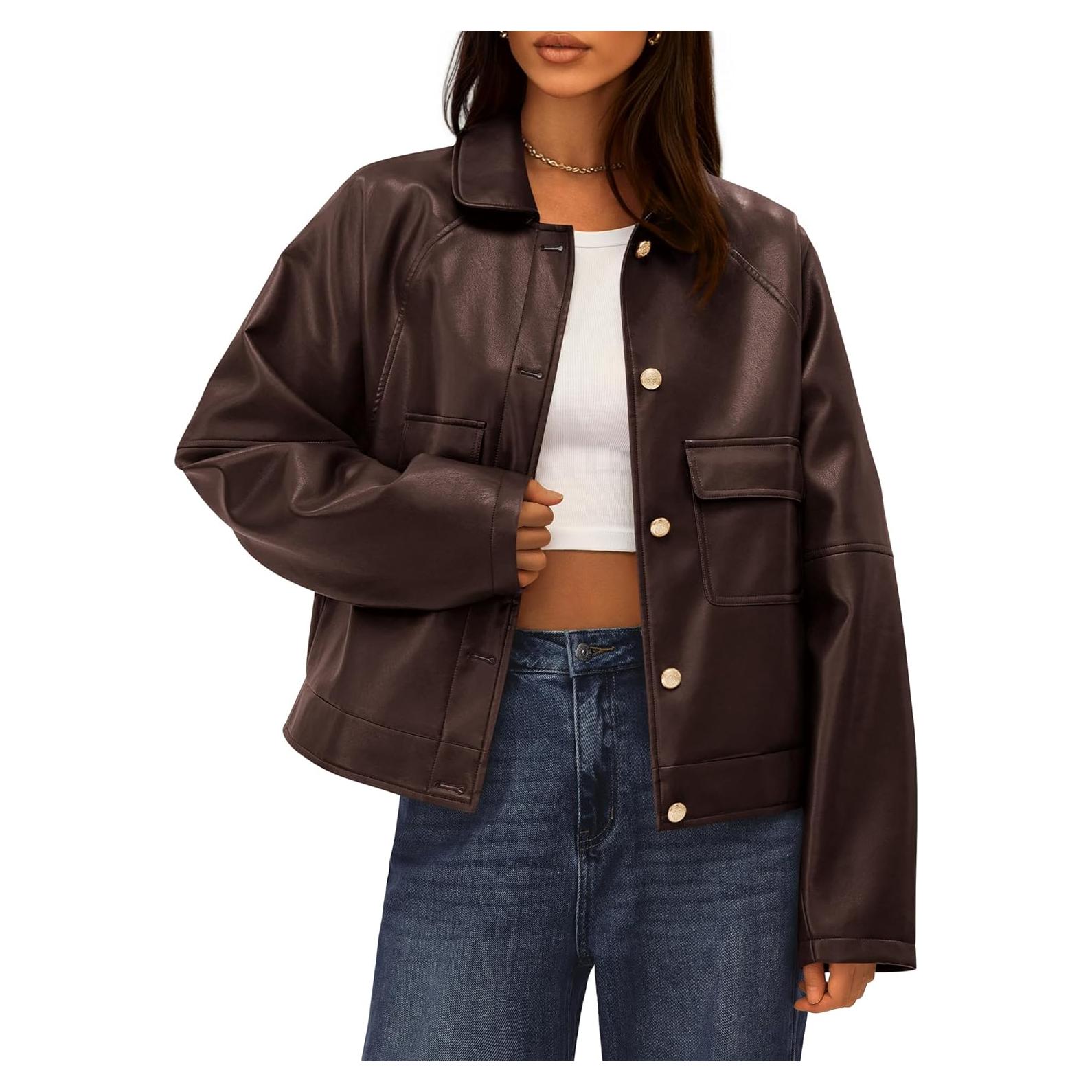 Chaqueta de Cuero Sintético BTFBM Mujeres Oversized Café Oscuro