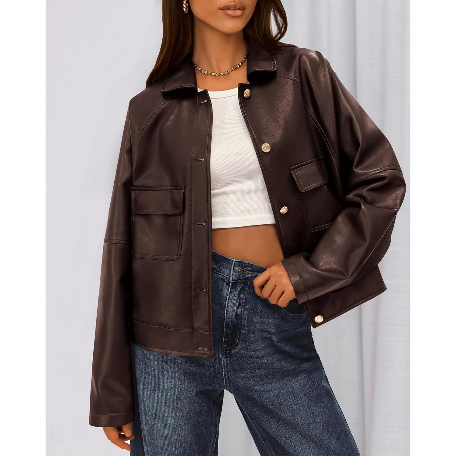 Chaqueta de Cuero Sintético BTFBM Mujeres Oversized Café Oscuro