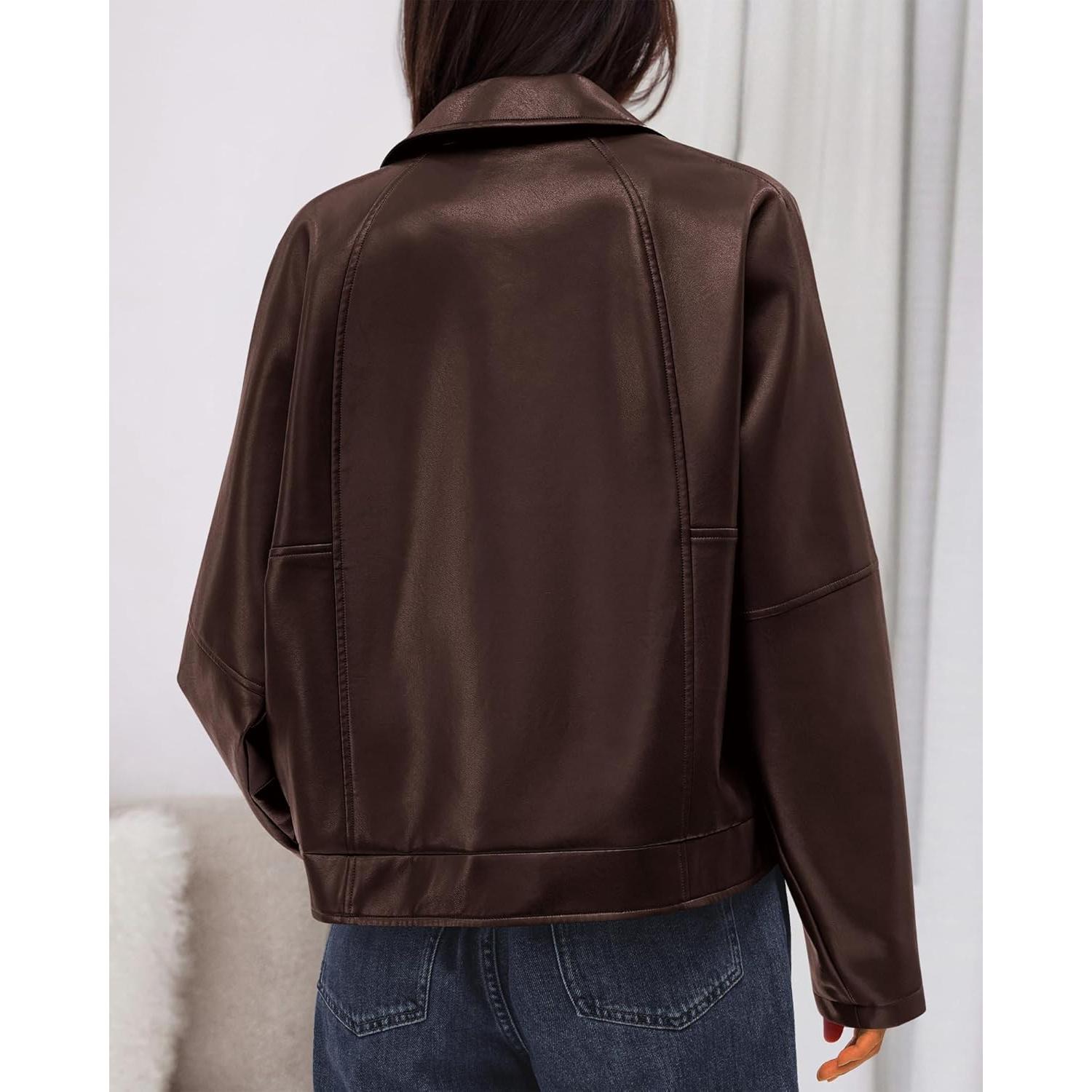 Chaqueta de Cuero Sintético BTFBM Mujeres Oversized Café Oscuro