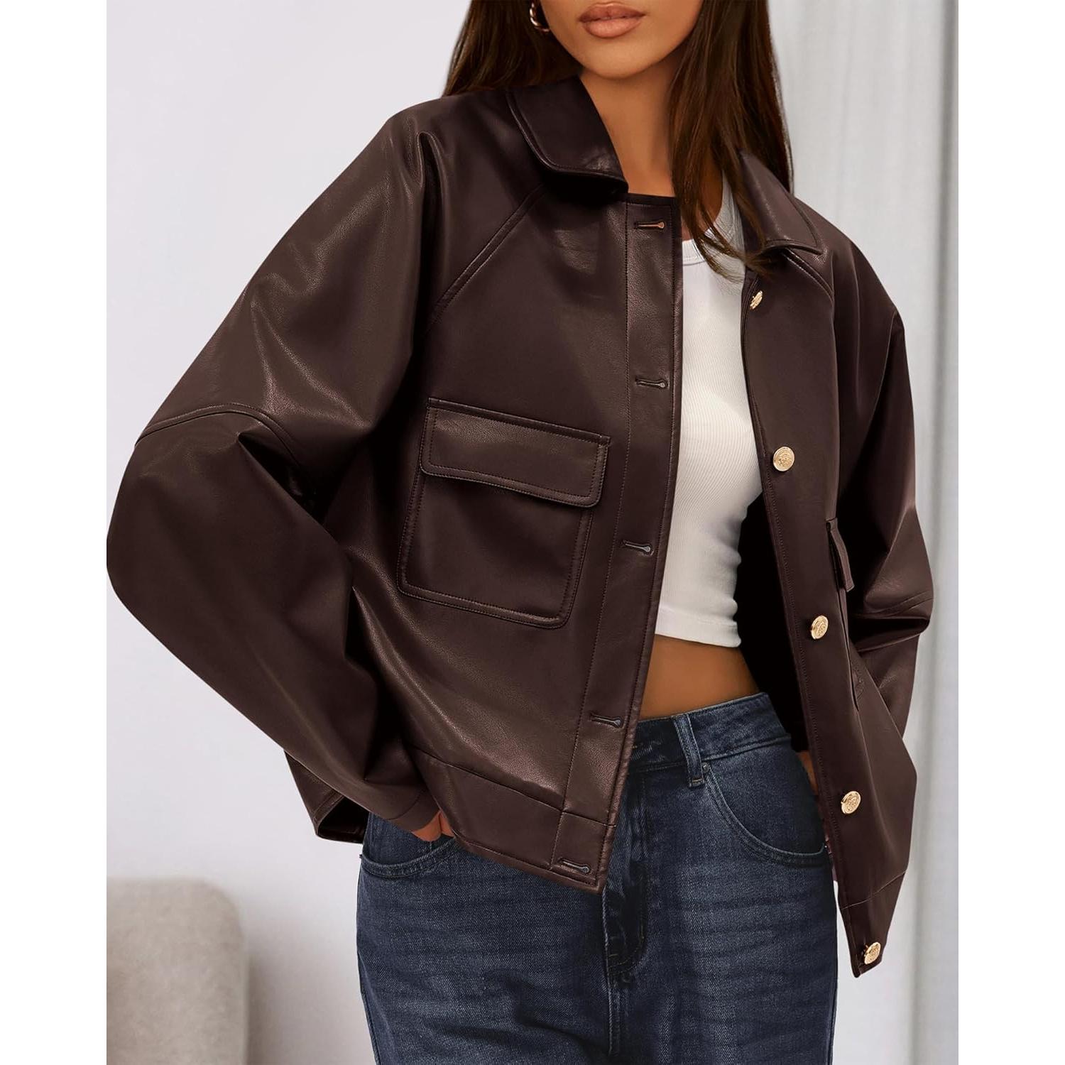 Chaqueta de Cuero Sintético BTFBM Mujeres Oversized Café Oscuro