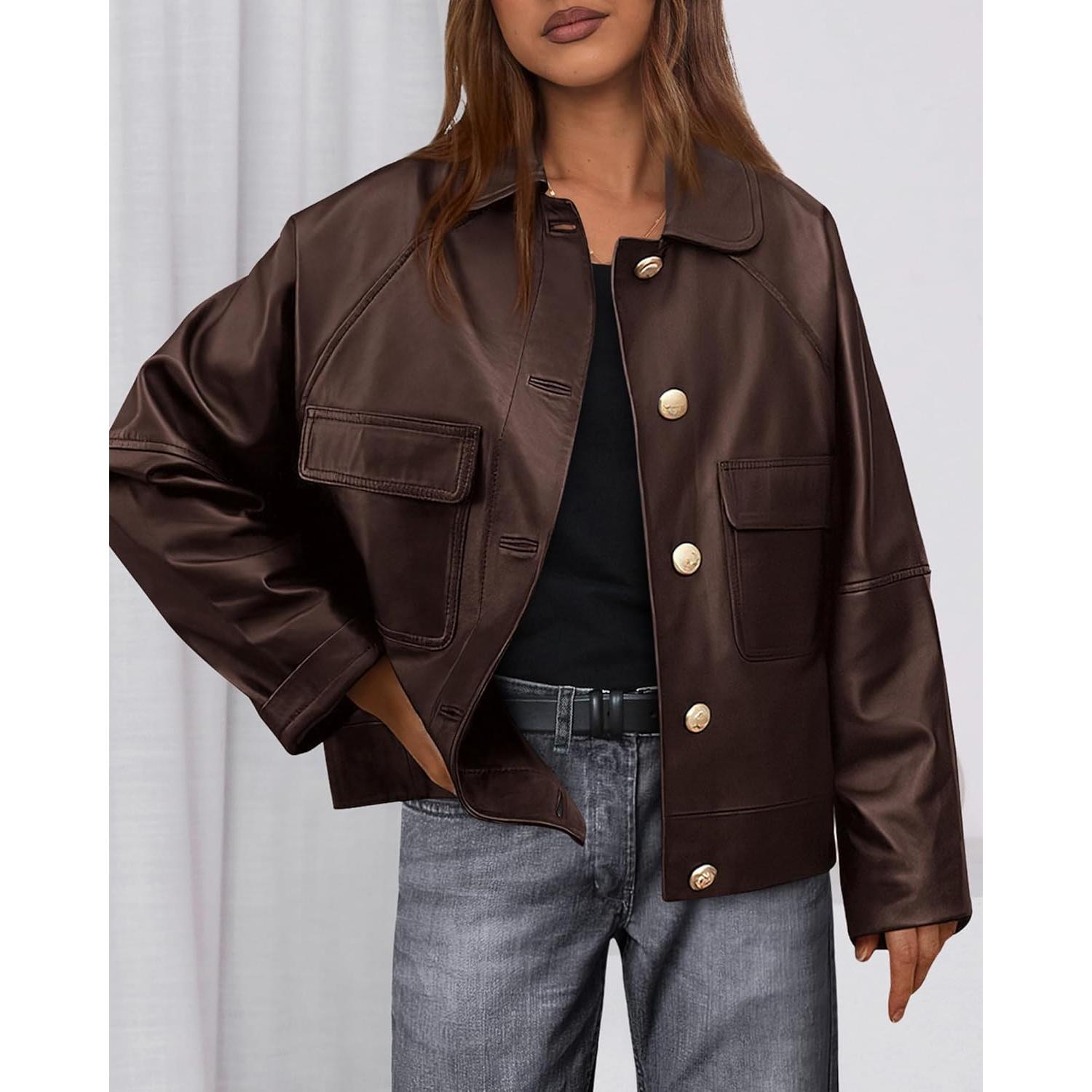 Chaqueta de Cuero Sintético BTFBM Mujeres Oversized Café Oscuro