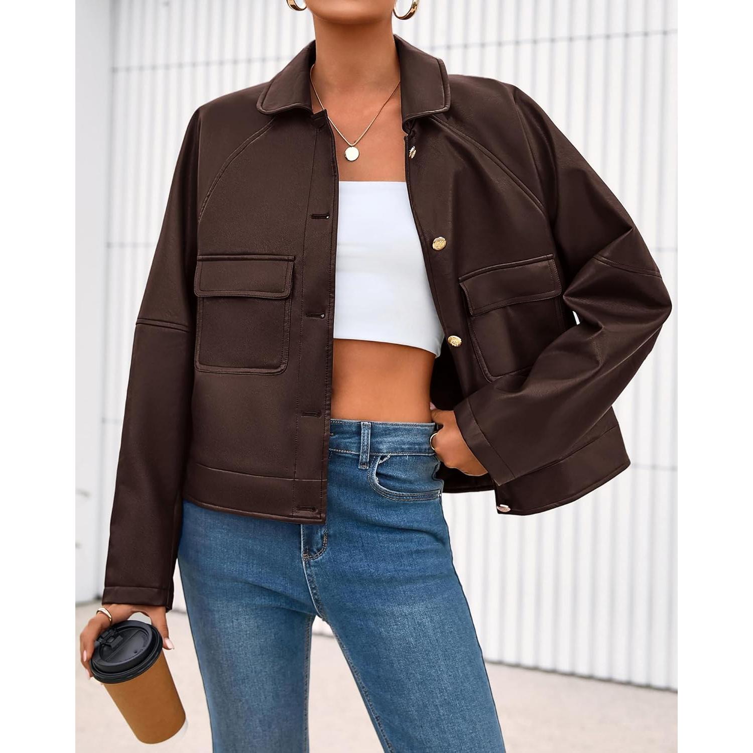 Chaqueta de Cuero Sintético BTFBM Mujeres Oversized Café Oscuro