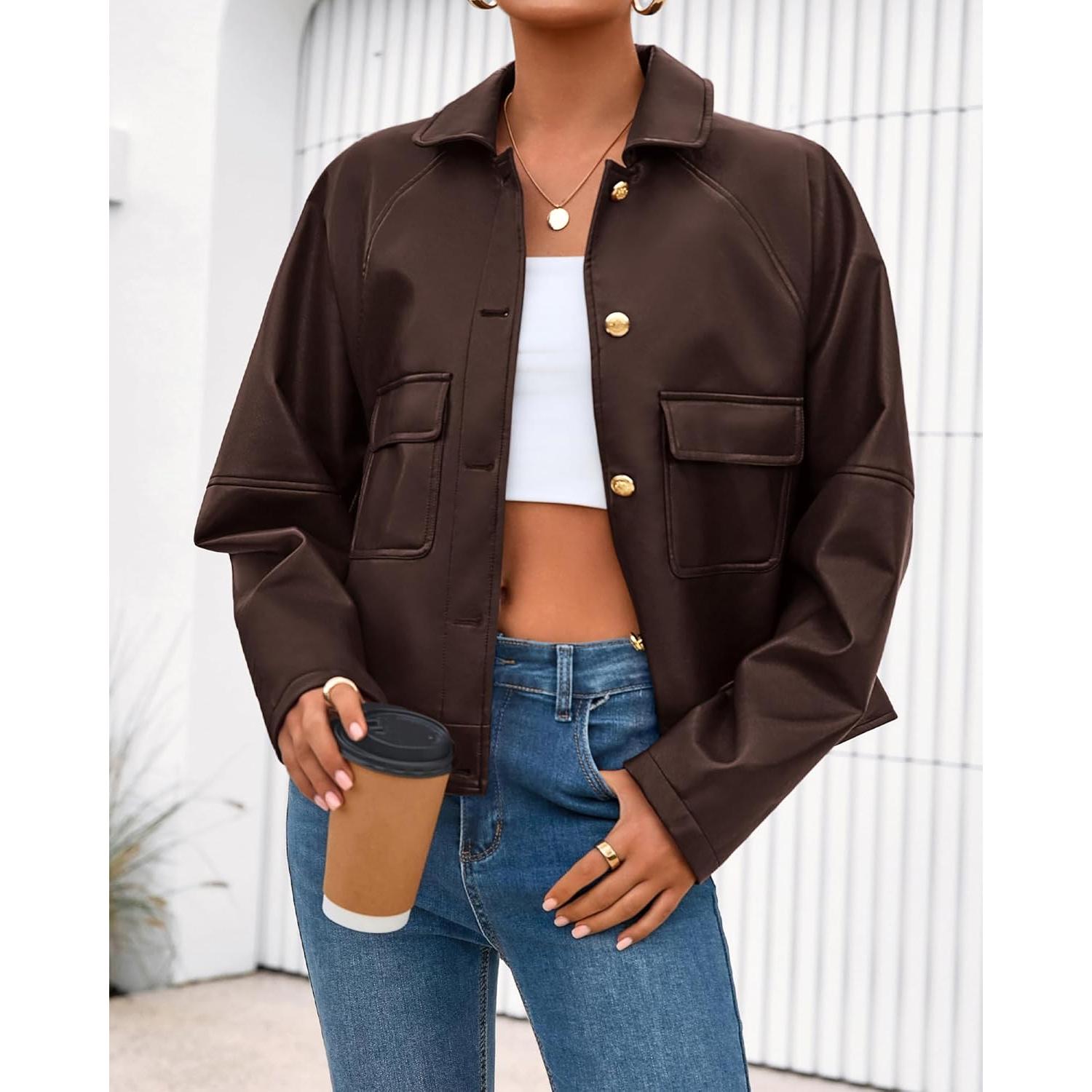 Chaqueta de Cuero Sintético BTFBM Mujeres Oversized Café Oscuro