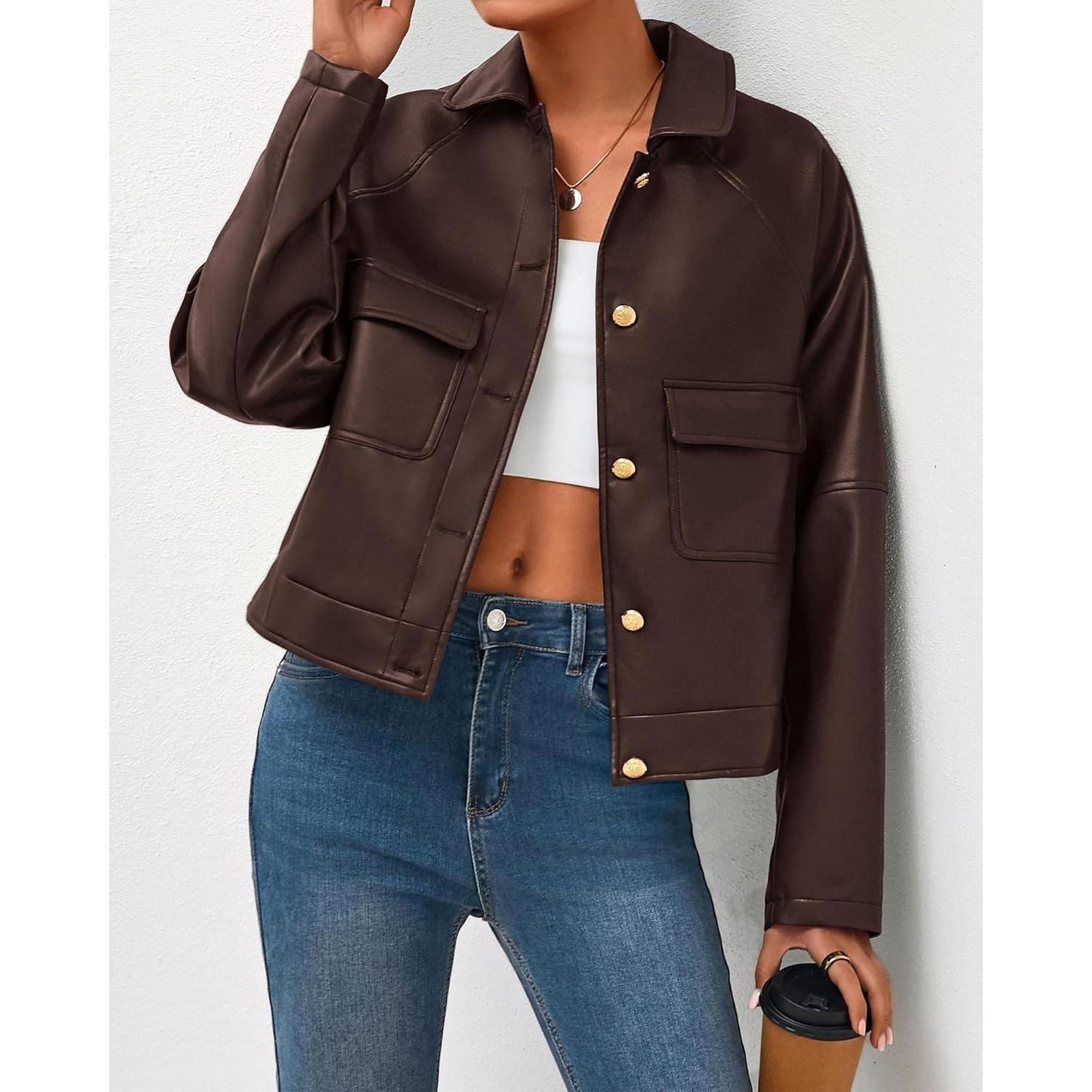 Chaqueta de Cuero Sintético BTFBM Mujeres Oversized Café Oscuro