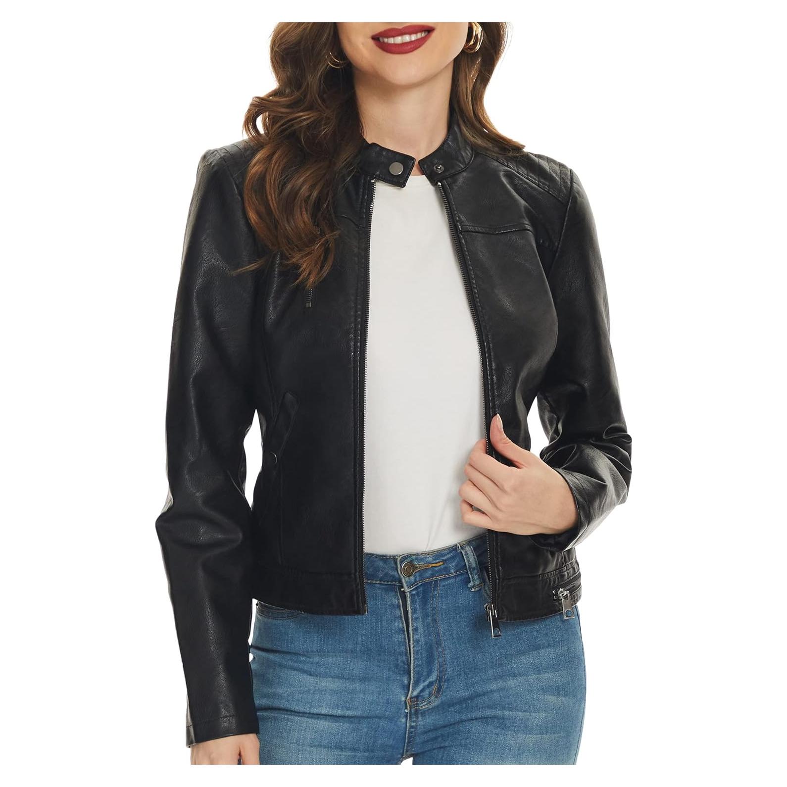Chaqueta de Cuero Sintético Negra Fahsyee para Mujer Talla XXL