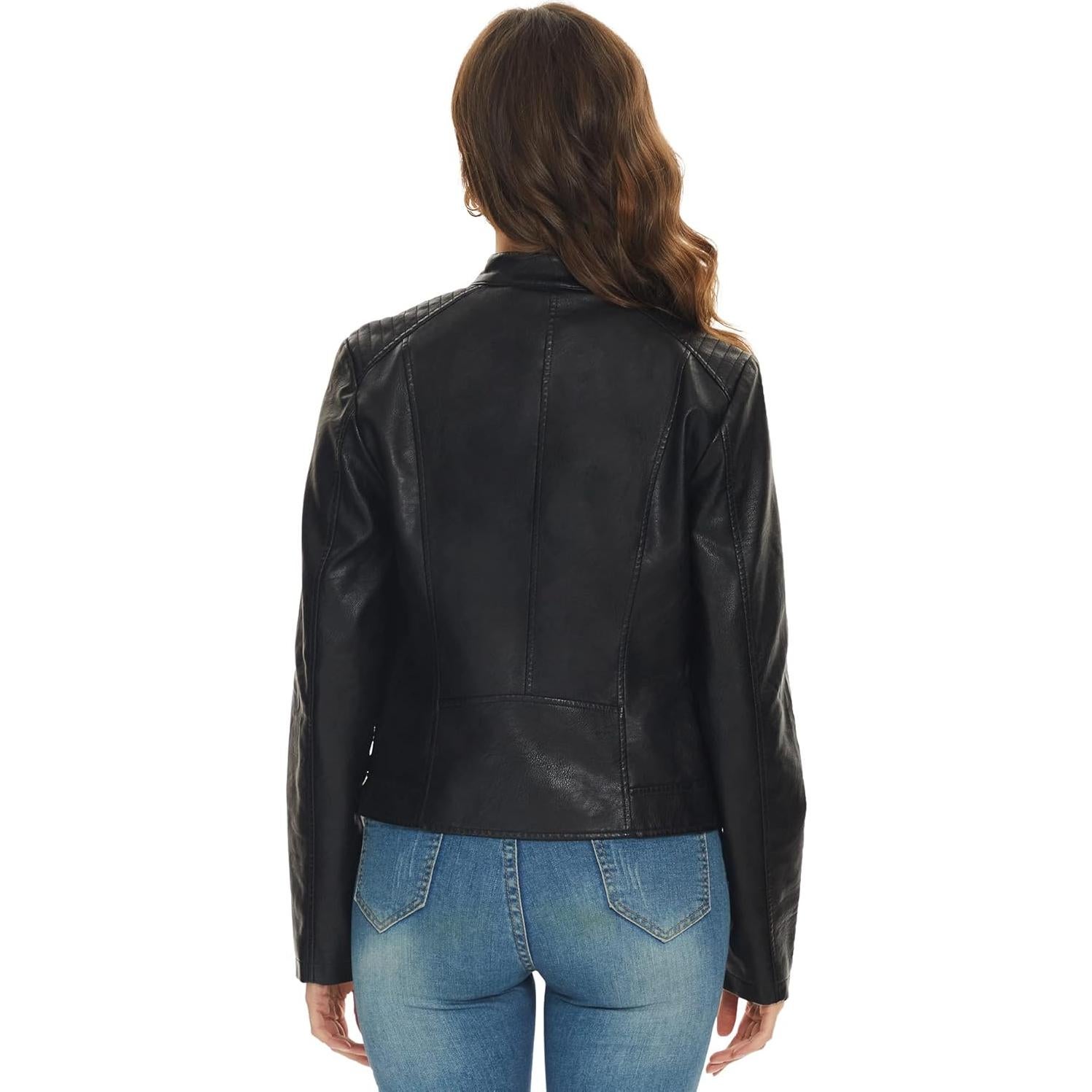 Chaqueta de Cuero Sintético Negra Fahsyee para Mujer Talla XXL